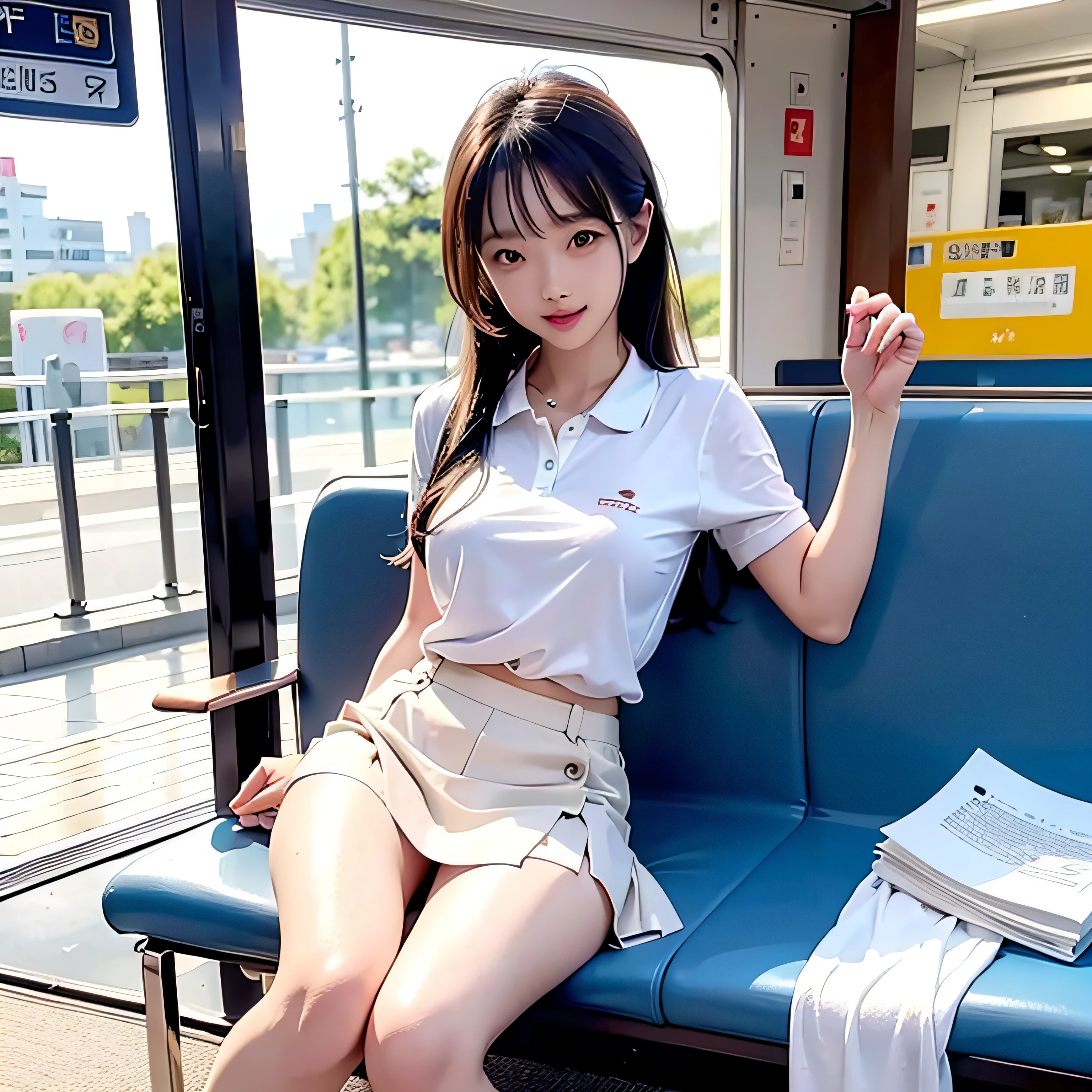 Realistic photos of 8k images (1 Cute Japan Woman、Skirt is pulled up、white  panties)、 flipped hair, Slim body、Angel Smile、Thin makeup, medium breasts size, Orange Polo Shirt, At the train station, Canon EOS Clear Facial, 16 K, High resolution, sharp and realistic details, Overexposure, cut-in, nffsw, hight resolution, Best Quality