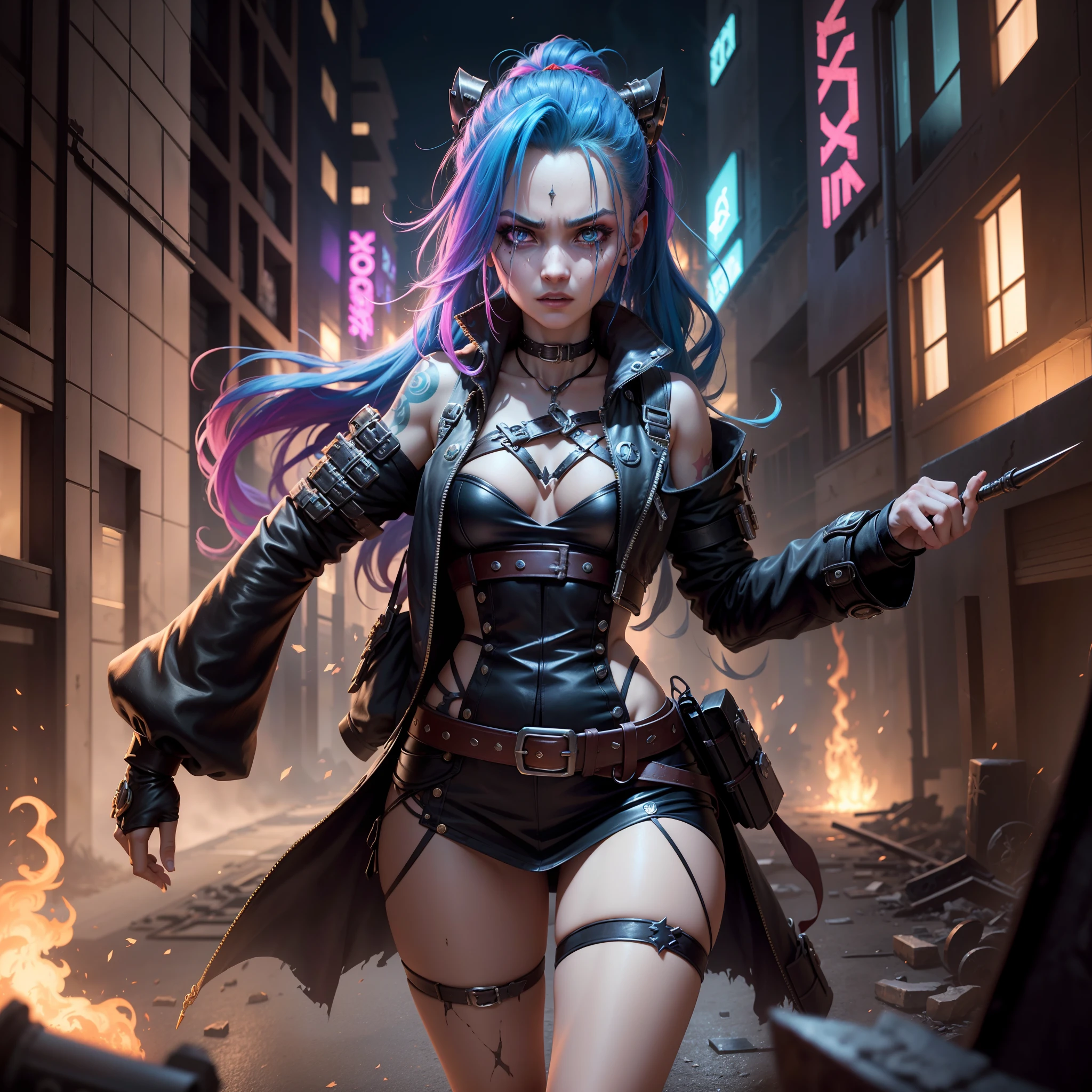 ((Best quality)), ((masterpiece)), (highly detailed:1.3), 3D, arcane style,In the dark and courageous dystopian city of Piltover, plagued by violence and divided into two opposing factions, a young prodigy named Jinx emerges. Having endured unimaginable loss and abandonment, she embraced a life of chaos and destruction. Known for her inventive and explosive abilities, Jinx becomes an icon of rebellion against the oppressive forces that control the city. However, haunted by guilt and battling inner demons, she must confront her past and decide whether to continue on the path of anarchy or seek redemption amid the turmoil. Explore Jinx's journey as she navigates a treacherous world, fighting for survival, unlocking secrets, and discovering the true meaning of her twisted existence, chaos reigns supreme, and at the center of it all is Jinx, the embodiment of unpredictability. Delve deep into Jinx's twisted mind, exploring the origins of his madness and the driving force behind his destructive nature. Unravel the moments that shaped her into the crazed, iconic character we know. Take us on a wild journey through the vibrant streets of Piltover and the shadowy suburb of Zaun as Jinx wreaks havoc with his explosive arsenal. Can redemption find its way into Jinx's fractured soul? Or will she dance forever on the edge of sanity, embracing the chaos that fuels her very existence? Arcane's fate hangs in the balance as Jinx's path intertwines with unlikely allies and formidable enemies. Ignite your imagination and paint a vivid portrait of Jinx's distorted psyche, capturing the essence of her madness and the indomitable spirit that defines it, HDR (High Dynamic Range), Ray Tracing, NVIDIA RTX, Super-Resolution, Unreal 5, Subsurface Scattering, PBR Texturing, Post-processing, Anisotropic Filtering, Depth of Field, Maximum Clarity and Sharpness, Multit Textures