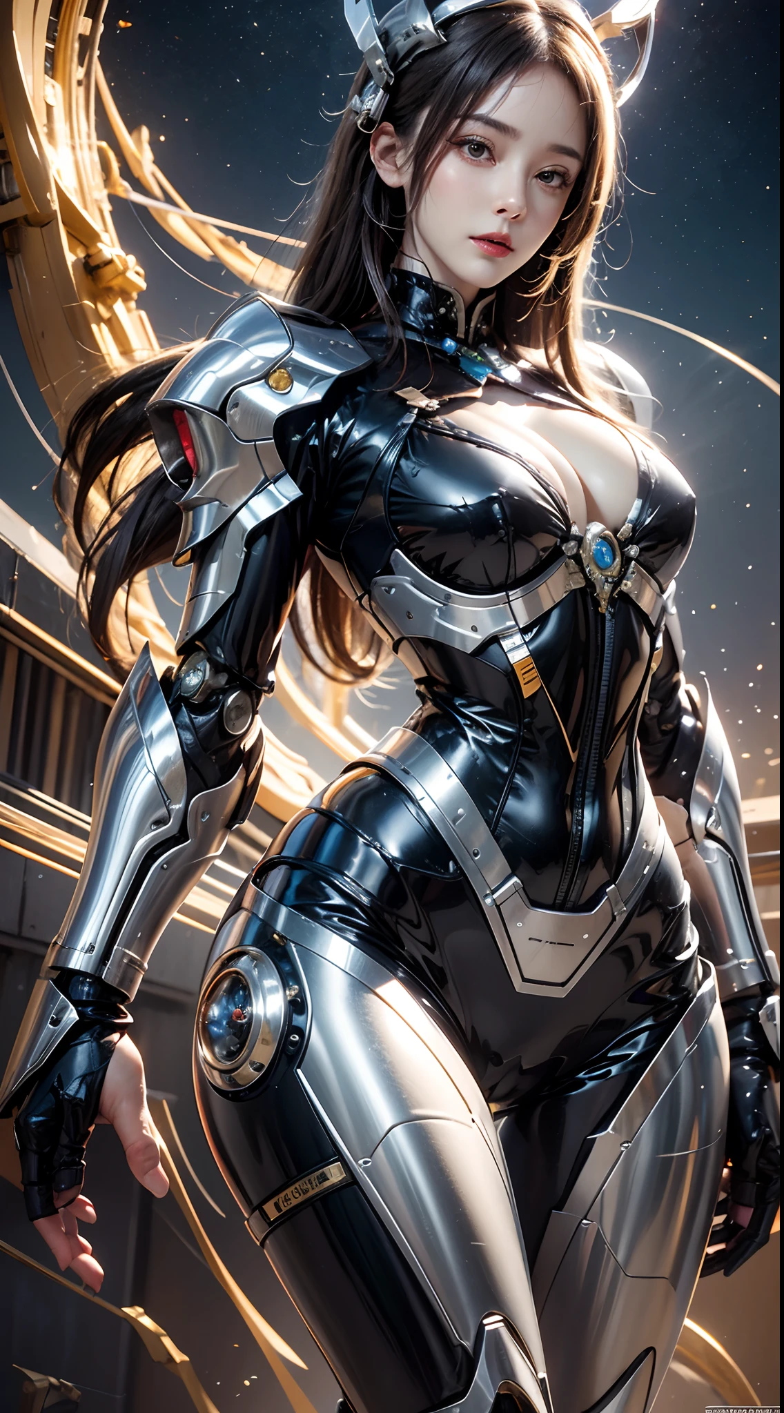 photorealistic, high resolution, 1women, mature female, solo, hips up, robot, mecha musume,mechanical parts, robot joints,single mechanical arm, headgear, mechanical halo,star halo,intricate mechanical bodysuit, mecha corset, full armor