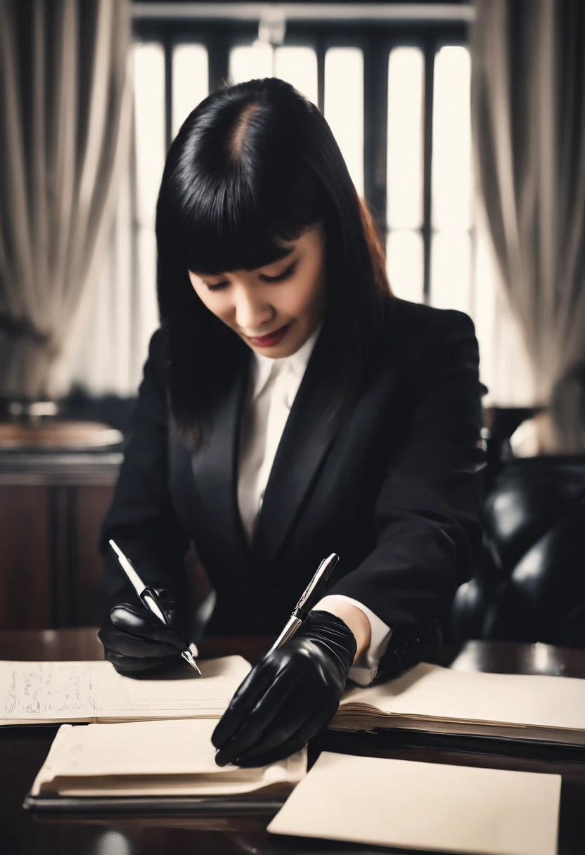 Wearing black leather gloves in both hands, upper body, black business suit, facing the desk in the modern study in the dark, looking down and smiling, writing a letter using a fountain pen, long, straight black hair, young Japanese woman (black leather gloves cover both hands)