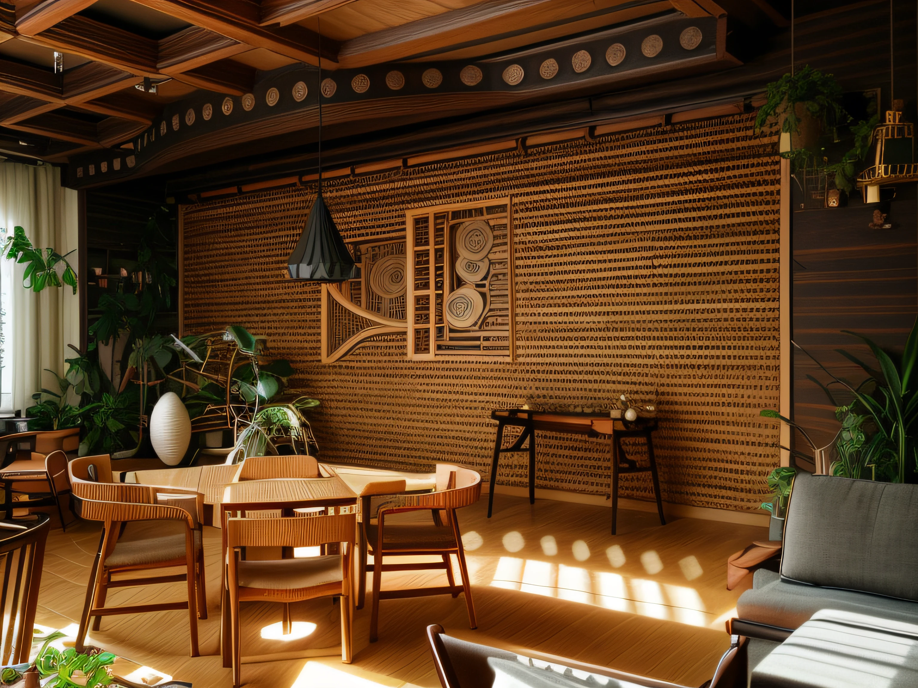 Interior design、Crazy detailed wide-angle building photos、cozy contemporary living room、(Bright warm sunshine 1:0.1)、award-winning contemporary interior design、Landscapes、DL、a chair、in a house、wooden floor、window、dining room、east asian east asian architecture、Sliding paper doors、lamp lights、buliding、the woods、naturey、Cups、A plant、Interior design、Insert lights and shadows、depth of fields、low illuminance