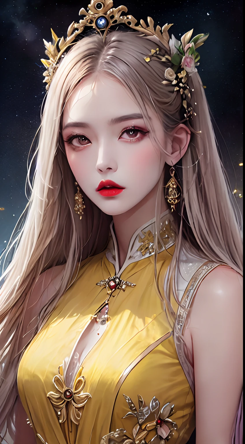 1 27-year-old girl, 1 zodiac goddess from the future, goddess of the pink and purple 12 zodiacs, the goddess of the zodiac in a yellow ao dai, a 12 zodiac ao dai with many black lace detail, mythology Goddess of the 12 zodiacs from the future, zodiac ♏, luxurious glittering zodiac style, dark and mysterious version, zodiac crown, lipstick lips red, thin and beautiful lips, mouth closed, characters made by karol bak and pino daeni, intricate detail, detailed background, extremely detailed, light magic, a woman, clear face, hair long with bangs, beautiful face in detail and well-proportioned eyes, (transparent yellow eyes: 1.8), big round eyes and very beautiful and detailed makeup, foresight, silk dress, mysterious makeup , double bangs and dyed light blonde , upper half portrait, zodiac goddess portrait, arms hanging loosely, Realistic and vivid photo, (stars make up the zodiac: 1.7), (sky background zodiac and fictitious space and time portal: 1.8), fiction art, RAW photo, hanfu picture, best photo, best photo quality, 8k quality, 8k ultra, super realistic, real photo most economical, the goddess poses sexy and seductive,