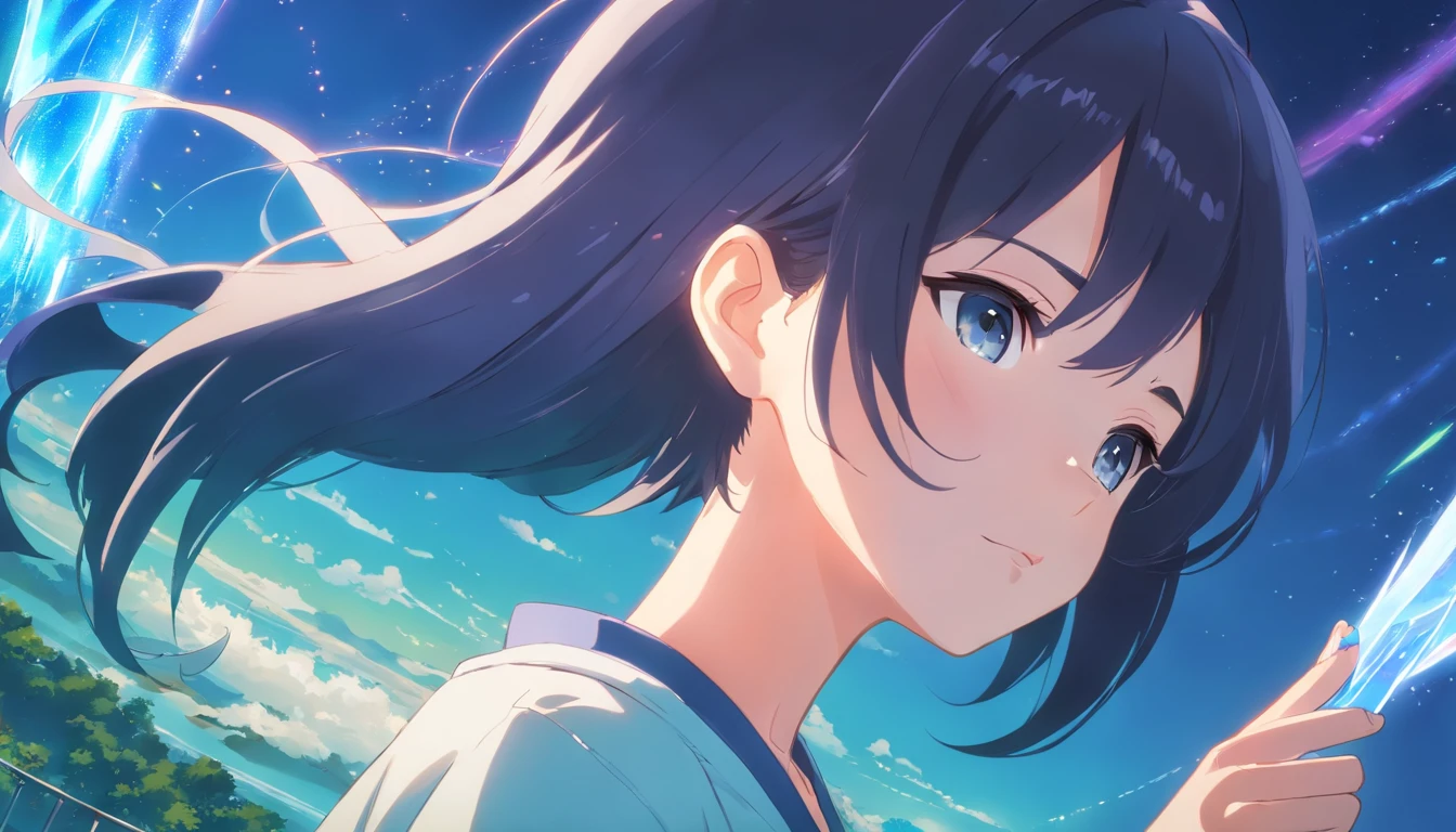 Anime girl with blue eyes and black hair blowing dandelions, in style of kyoto animation, anime visual of a cute girl, kyoto animation still, anime moe art style, Kyoto Animation, anime best girl, your name movie style, Kyoto Animation Key, style of anime4 K, anime cgi style, An anime girl, Anime keyframes, up of young anime girl, Stylized anime