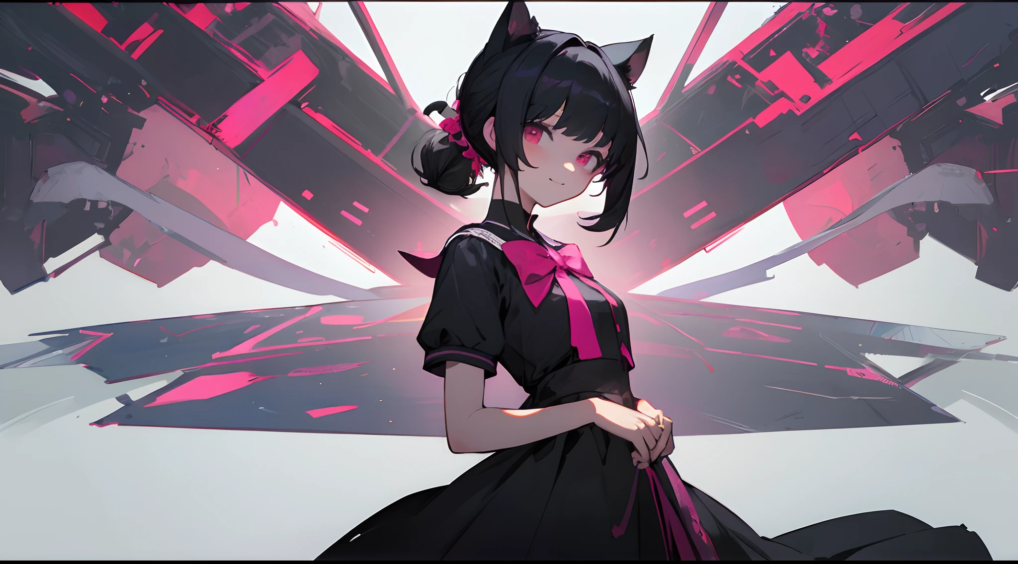 Masterpiece: 1.6, Best Quality: 1.4, Live Image: 1.2, intricate details: 1.2, Graphicsournerv2: 1.2, petite girl, black hair, Bright pink eye color, yandere, hair up to the shoulders, cat ears, black school uniform、short sleeves, big breastes, adult girl, Smiling, A look at the viewerBody floor, whitebackground (Single background, whitebackground: 1.3), multiple views, Multiple images of the same character in one outfit: 1.3.