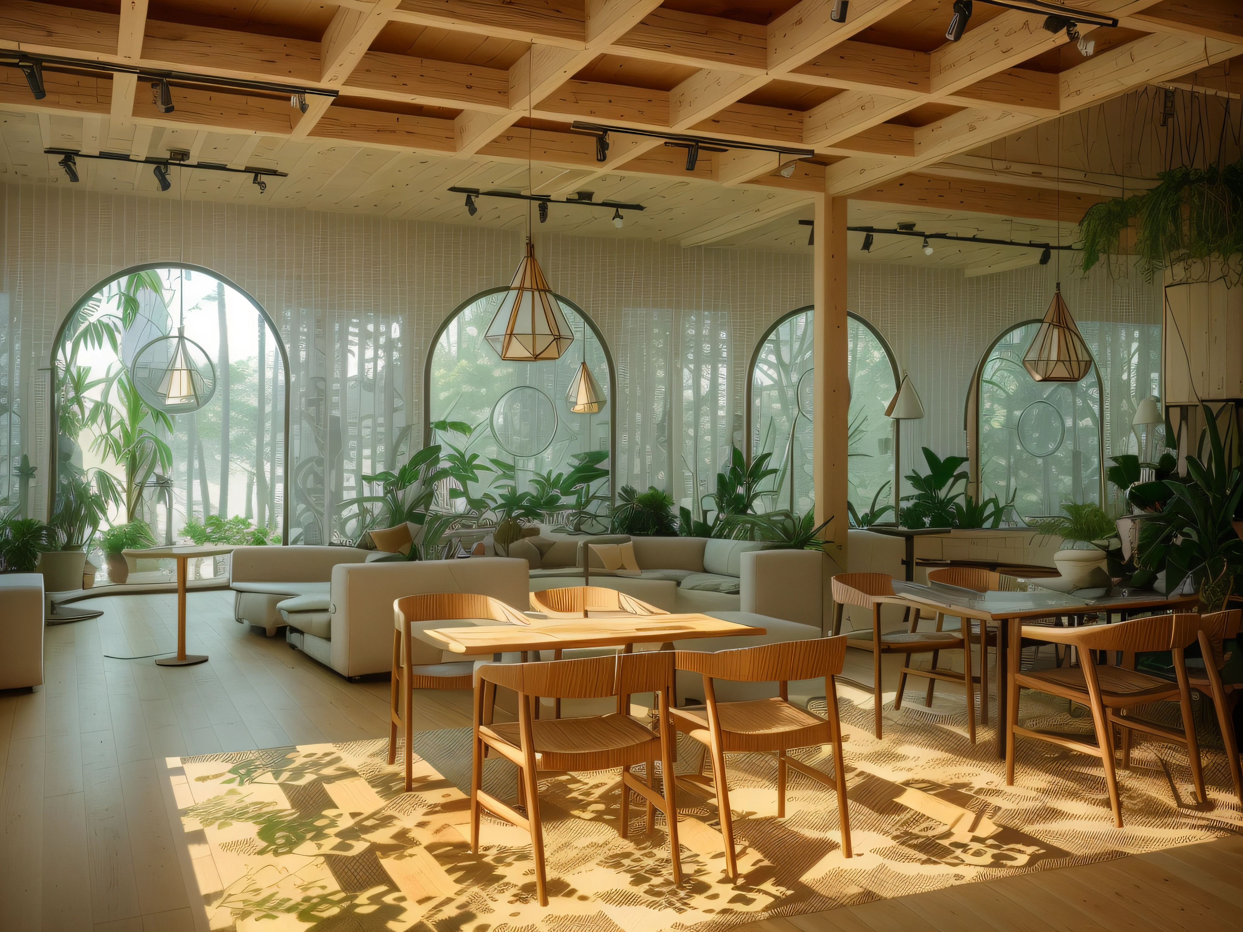 Interior design、Crazy detailed wide-angle building photos、cozy contemporary living room、(Bright warm sunshine 1:0.1)、award-winning contemporary interior design、Landscapes、DL、a chair、in a house、wooden floor、window、dining room、east asian east asian architecture、Sliding paper doors、lamp lights、buliding、the woods、naturey、Cups、A plant、Interior design、Insert lights and shadows、depth of fields、low illuminance
