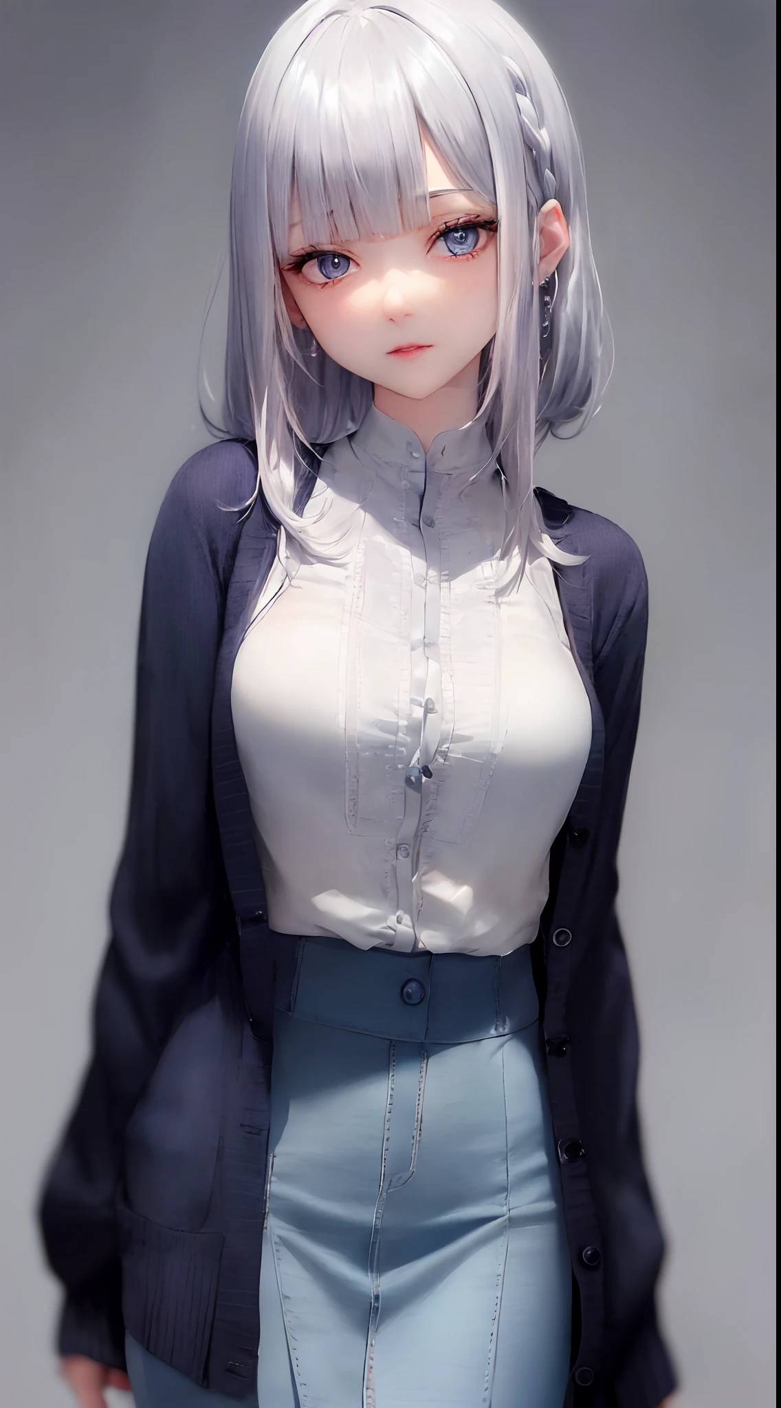(((silber hair、Cowboy Shot、Upper body、 upper body closeup、Portrait、looking in camera)))、[monochromes:Subdued Color:2.6] theme, (masutepiece), (Best Quality), , Light Layer, Lustrous skin, (intricate-detail , taut clothes, ),  White hair, hime-cut, Blunt bangs、Blue eyes、 30s、(maturefemale)、((Sewn、Cardigan、tight skirts、Beautiful breasts))、symmetry、Thick lip、Lustrous lips、Tall lady、Standing Pose、white backgrounid、simple background、Single-color background、femele１a person、