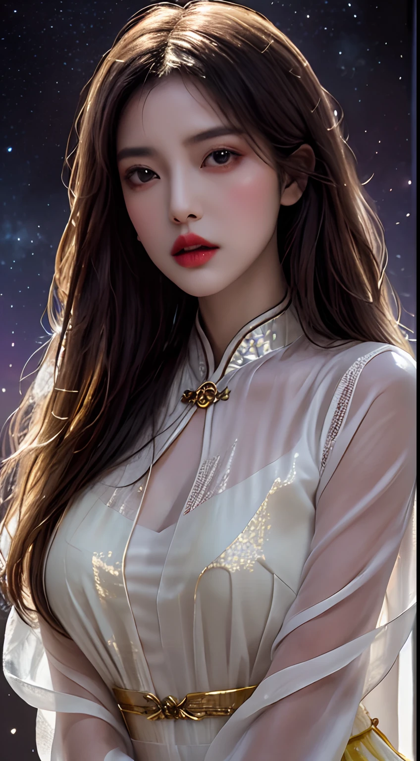 1 27-year-old girl, 1 zodiac goddess from the future, goddess of the pink and purple 12 zodiacs, the goddess of the zodiac in a yellow ao dai, a 12 zodiac ao dai with many black lace detail, mythology Goddess of the 12 zodiacs from the future, zodiac ♏, luxurious glittering zodiac style, dark and mysterious version, zodiac crown, lipstick lips red, thin and beautiful lips, mouth closed, characters made by karol bak and pino daeni, intricate detail, detailed background, extremely detailed, light magic, a woman, clear face, hair long with bangs, beautiful face in detail and well-proportioned eyes, (transparent yellow eyes: 1.8), big round eyes and very beautiful and detailed makeup, foresight, silk dress, mysterious makeup , double bangs and dyed light blonde , upper half portrait, zodiac goddess portrait, arms hanging loosely, Realistic and vivid photo, (stars make up the zodiac: 1.7), (sky background zodiac and fictitious space and time portal: 1.8), fiction art, RAW photo, hanfu picture, best photo, best photo quality, 8k quality, 8k ultra, super realistic, real photo most economical, the goddess poses sexy and seductive,