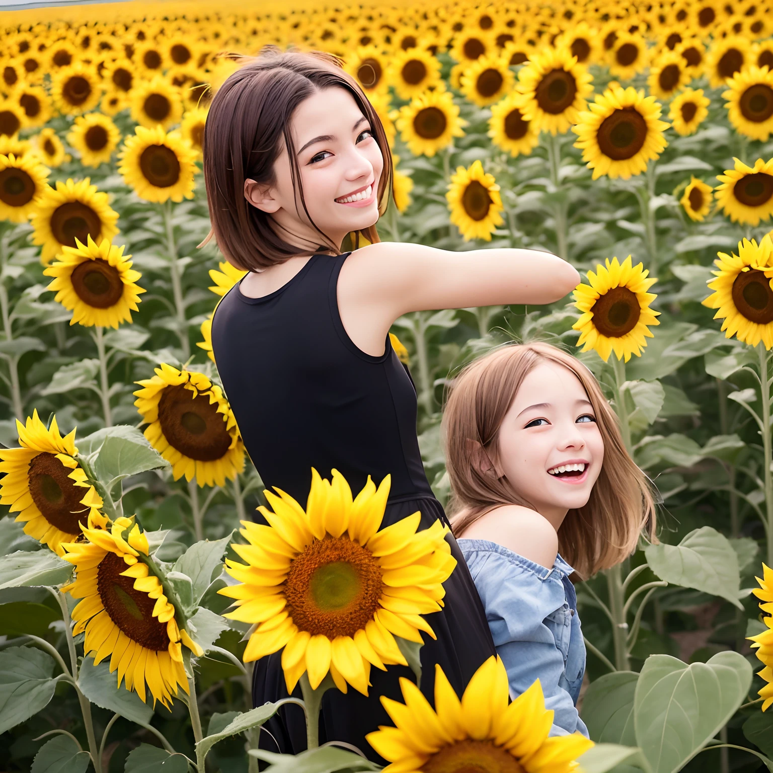 Adolescent, Bouger, surrounded by wheat fields, looking back, sun light, Souriant, Poser avec un signe de paix, tenant un tournesol dans sa main, sunflower covering their eye, cheveux mi-longs, androgyne, visage souriant, Tenant un tournesol dans sa main, smiling face with joy