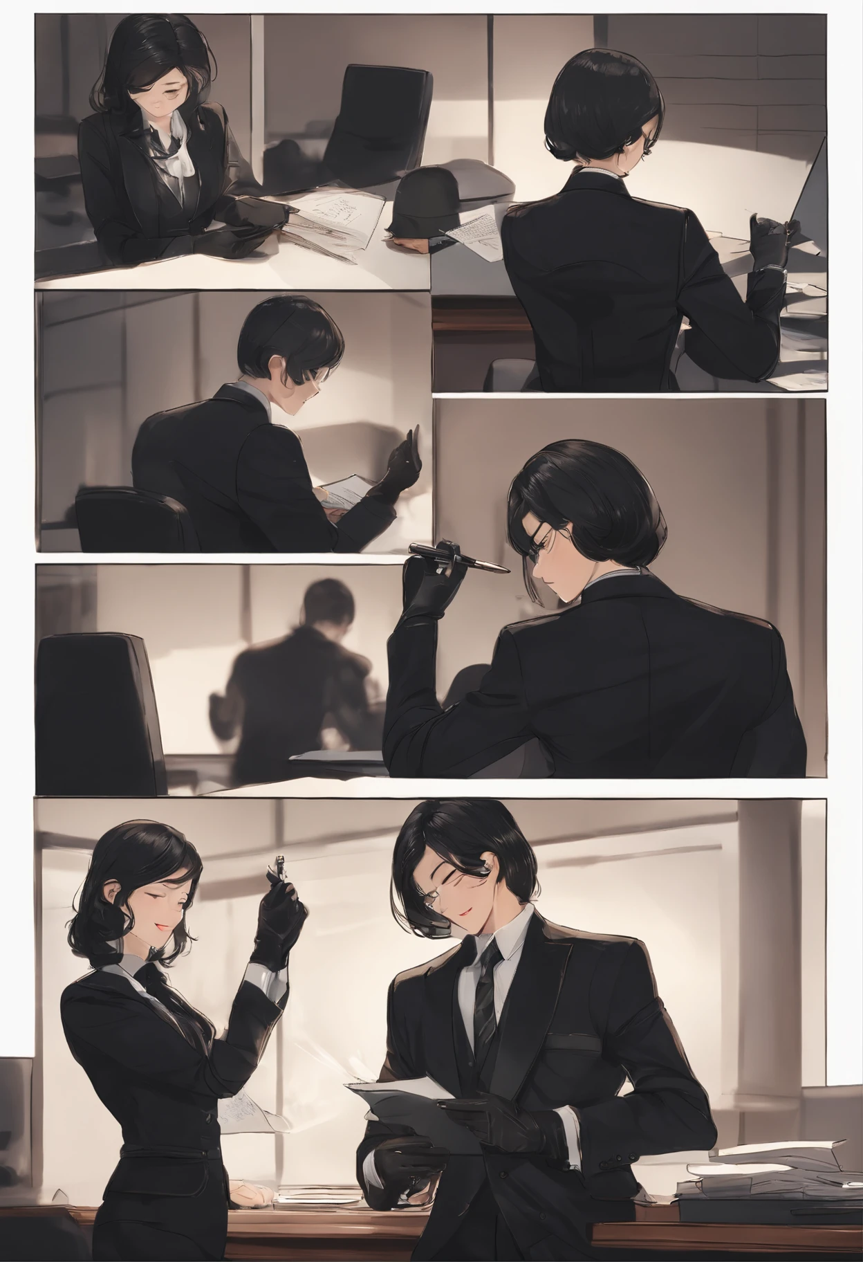 Wearing black leather gloves in both hands, upper body, black business suit, facing the desk in the modern study in the dark, looking down and smiling, writing a letter using a fountain pen, long, straight black hair, young Japanese woman (black leather gloves cover both hands)