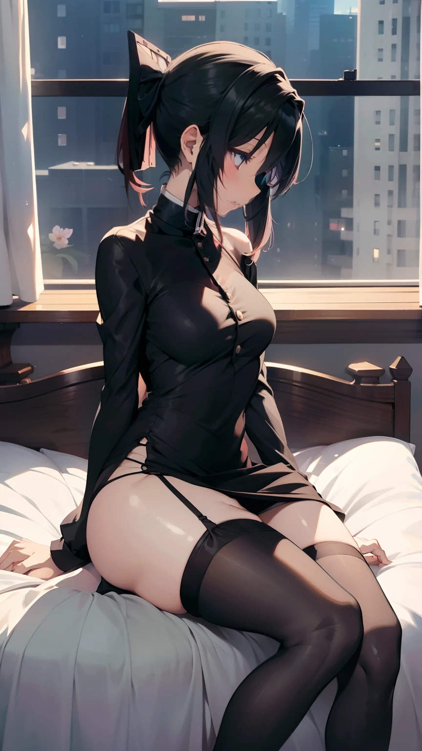 Photo view from the side, Nsfw, sfw, 18+, ero, erotic, embarrassed, blushing, Sitting on bed, legs crossed, one leg on top of the other, legs crossed, ultra thin sexy tight short dress, very short dress, panties visible, sexy stockings, heels,Hi-Res, 1girl in, Cute anime illustration, 18+