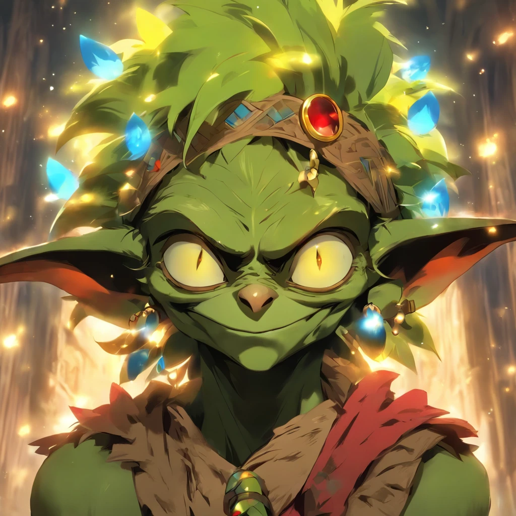 Goblin, wearing Maplehontas headband, colors are gold band with blue and red gems and feathers, masterpiece, best quality