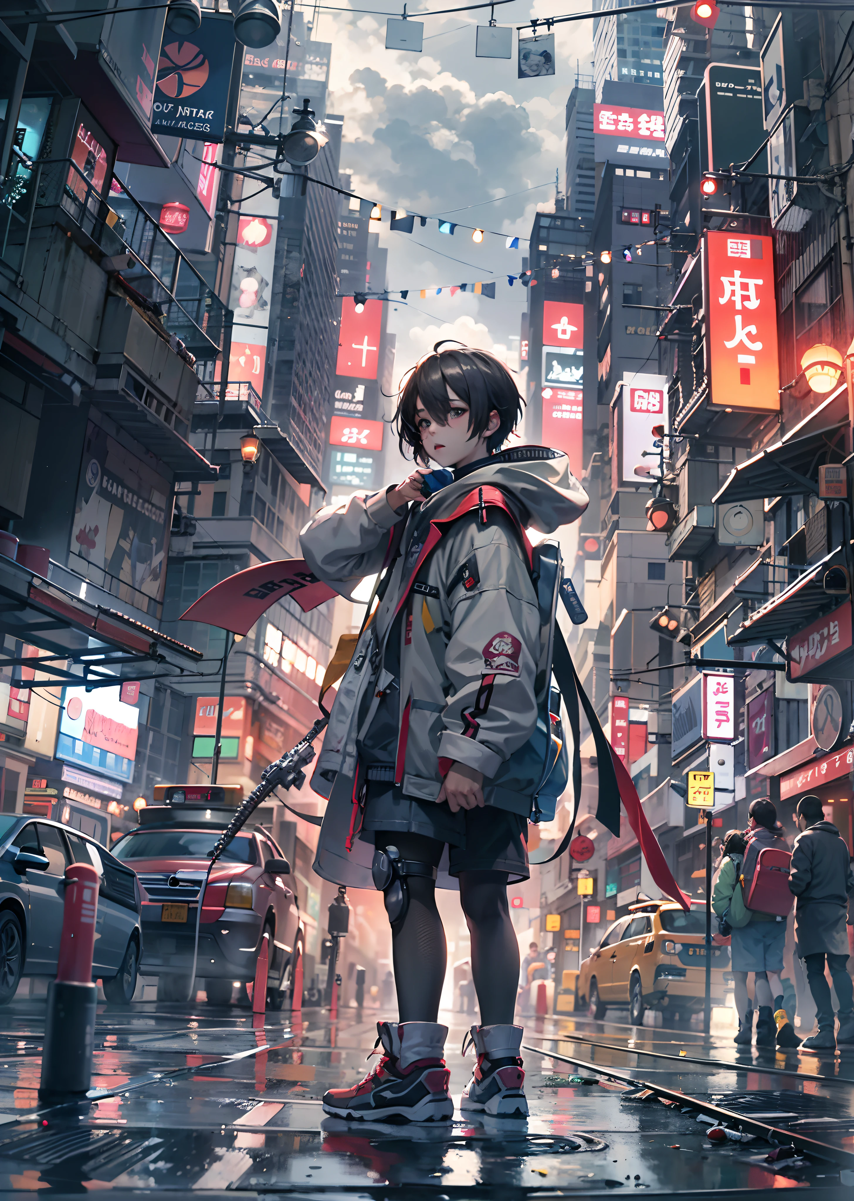 1boy,a 13 yo boy、Cyberpunk Boy、japanese sword,Whole body bloody、The beginning of the adventure、Lots of clouds,heavy fog、starrysky、Moon,Chaotic city of the future、Movie dystopia、A group of very tall skyscrapers stands in the center、Very complex cityscape,Crowded Chinese skyscrapers、street signs、streetlights、taxis、buses、Train、Pretty dim lighting、Dark road、puddles、amazing shading,Chaotic、Beautiful and fantastic scenery、Cinematic scenery、hightquality、masutepiece,in 8K、hight resolution、super fine illustration,