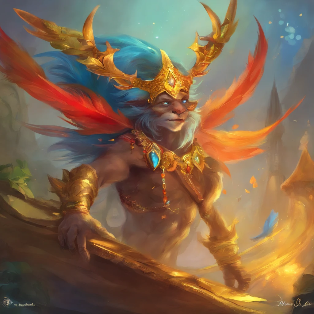 Goblin, wearing Maplehontas headband, colors are gold band with blue and red gems and feathers, masterpiece, best quality