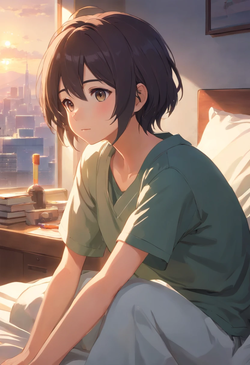 1 old man,full bodyesbian,Thin,sick,weak,Lie down in bed,agony,struggling,decrepit,((hyper realistic detailed)),Chinese Republic of China style,in a panoramic view,globalillumination,Clear facial features,with short black hair,worn-out clothing,scruffy,8k,A pair of bright eyes