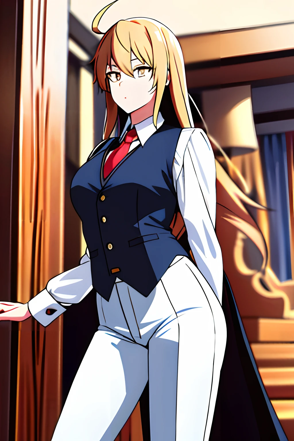 masterpiece, best quality, highres, mashi1, solo, tall tailcoat , red necktie, white pants , shirt, long sleeves, tall tailcoat vest, breasts, standing, cowboy shot,