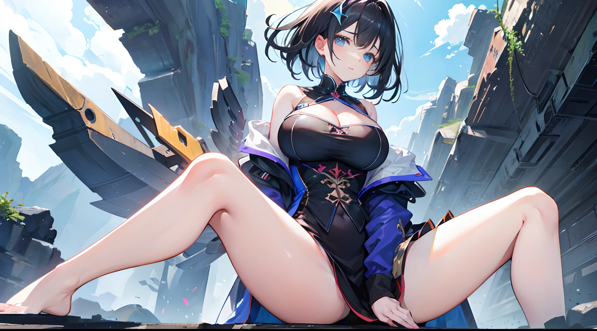 （gigantic cleavage breasts:1.7），spread their legs，with short black hair，Hairpins