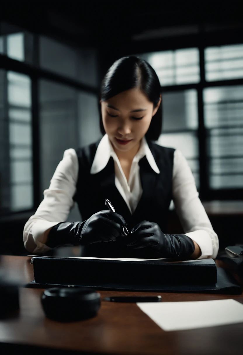 Wearing black leather gloves in both hands, upper body, black business suit, facing the desk in the modern study in the dark, looking down and smiling, writing a letter using a fountain pen, long, straight black hair, young Japanese woman (black leather gloves cover both hands)