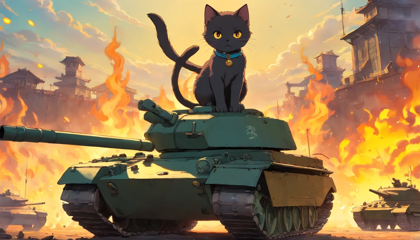 kitten, cool, general, on a tank, battle field, holding a pistol, scar on 1 eye, black, fire, war, cute