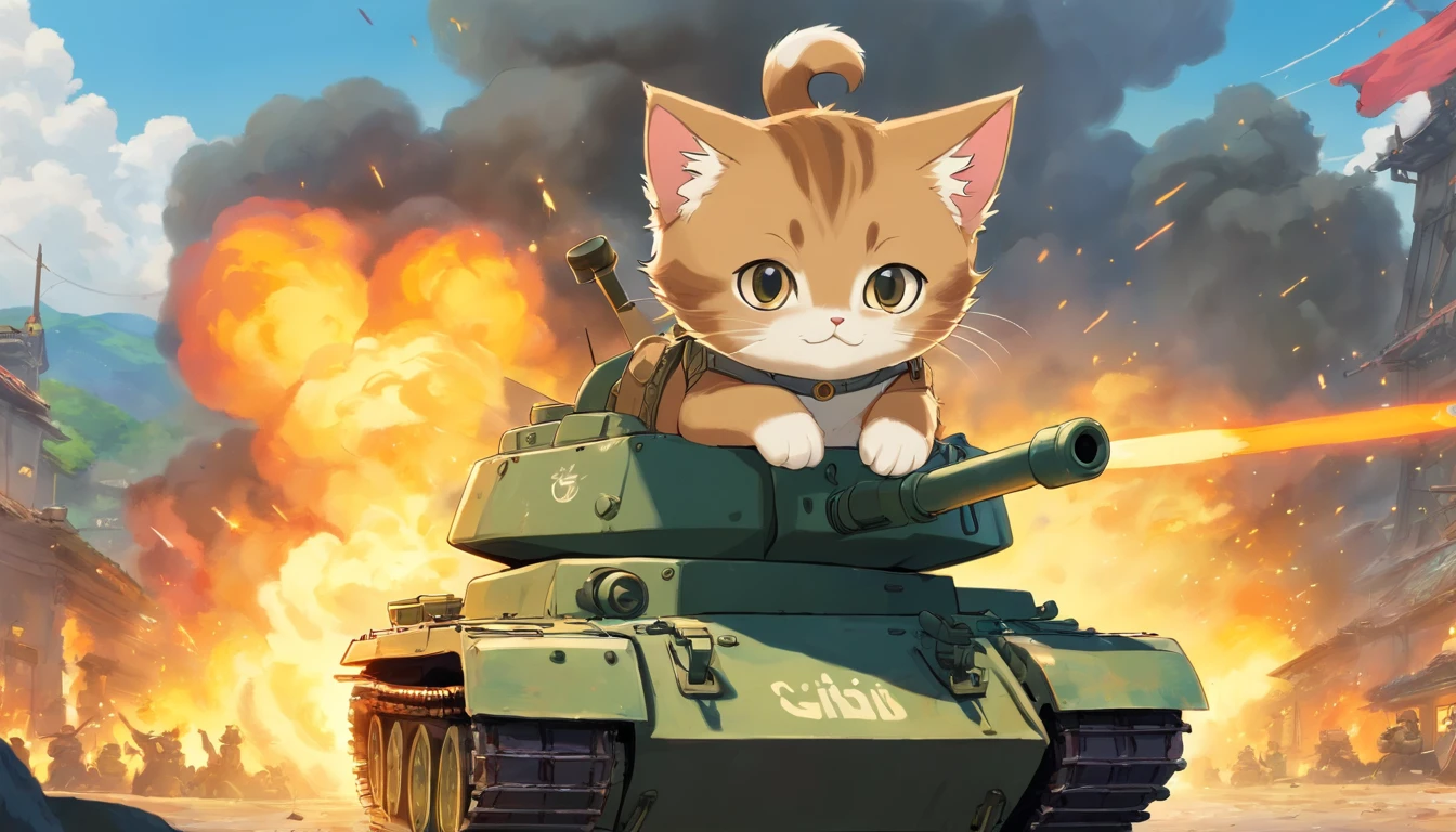 kitten, cool, general, on a tank, battle field, holding a pistol, scar on 1 eye, black, fire, war, cute