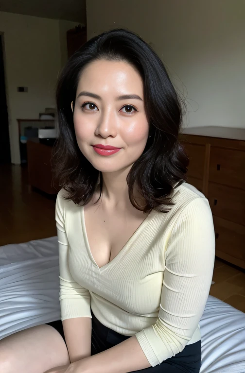 ((Best Quality, 8k, Masterpiece, Portrait: 1.3)), (looking at viewer),Photorealistic, Sharp Focus, Solo, Japan Milf, Beauty, Clothes with Cleavage View, 30 Years Old, Wavy Hair, Wrinkles at the Corners of the Eyes, ((Open your legs wide:1.5, Sit one knee up:1.5, show crotch)), (loose waist:0.5), darkness nobody room,