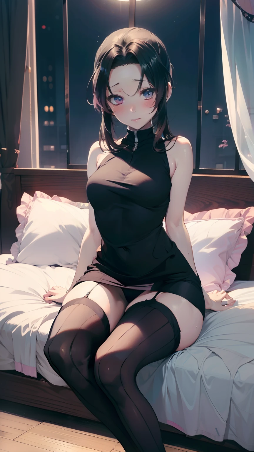 Nsfw, sfw, 18+, ero, erotic, embarrassed, blushing, Sitting on bed, legs crossed, one leg on top of the other, legs crossed, ultra thin tight short dress, very sexy short dress, panties visible, sexy stockings, heels,Hi-Res, 1girl in, Cute anime illustration, 18+