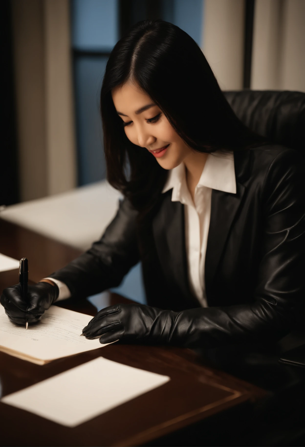 Wearing black leather gloves in both hands, upper body, black business suit, facing the desk in the modern study in the dark, looking down and smiling, writing a letter using a fountain pen, long, straight black hair, young Japanese woman (black leather gloves cover both hands)