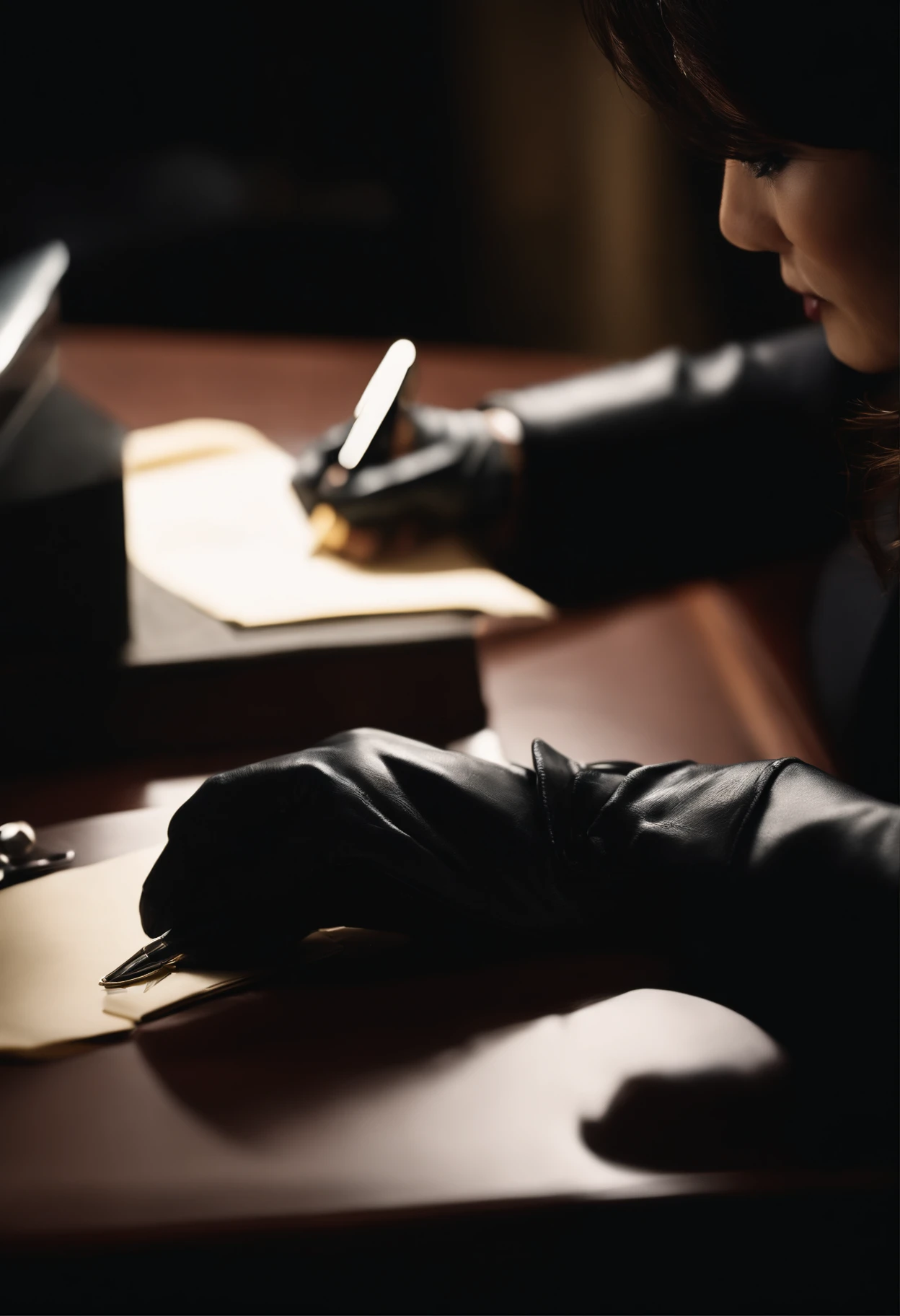 Wearing black leather gloves in both hands, upper body, black business suit, facing the desk in the modern study in the dark, looking down and smiling, writing a letter using a fountain pen, long, straight black hair, young Japanese woman (black leather gloves cover both hands)