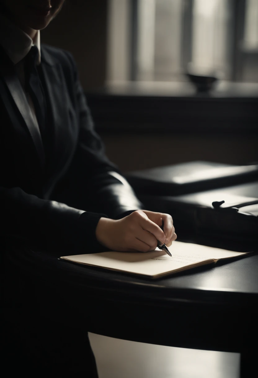 Wearing black leather gloves in both hands, upper body, black business suit, facing the desk in the modern study in the dark, looking down and smiling, writing a letter using a fountain pen, long, straight black hair, young Japanese woman (black leather gloves cover both hands)