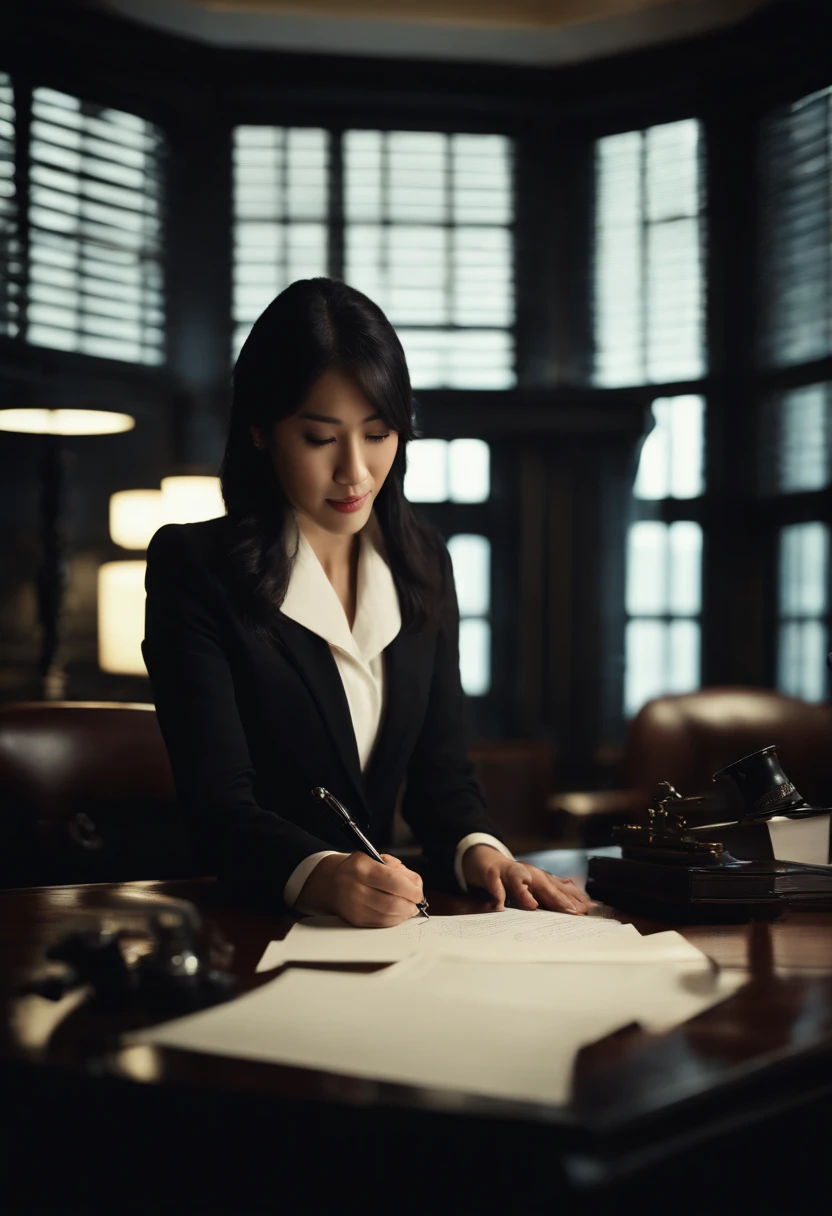 Wearing black leather gloves in both hands, upper body, black business suit, facing the desk in the modern study in the dark, looking down and smiling, writing a letter using a fountain pen, long, straight black hair, young Japanese woman (black leather gloves cover both hands)