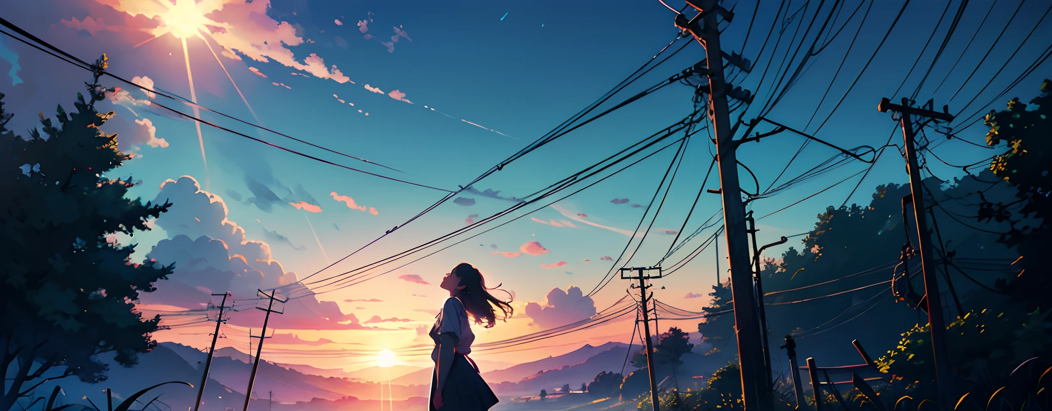 Vast sky、natta、​​clouds、murky、Fantastical、pastels、early morning、the morning sun、countryside、overlooks、electric wires、Contrasty、top-quality、Girl looking up at the sky、soio
