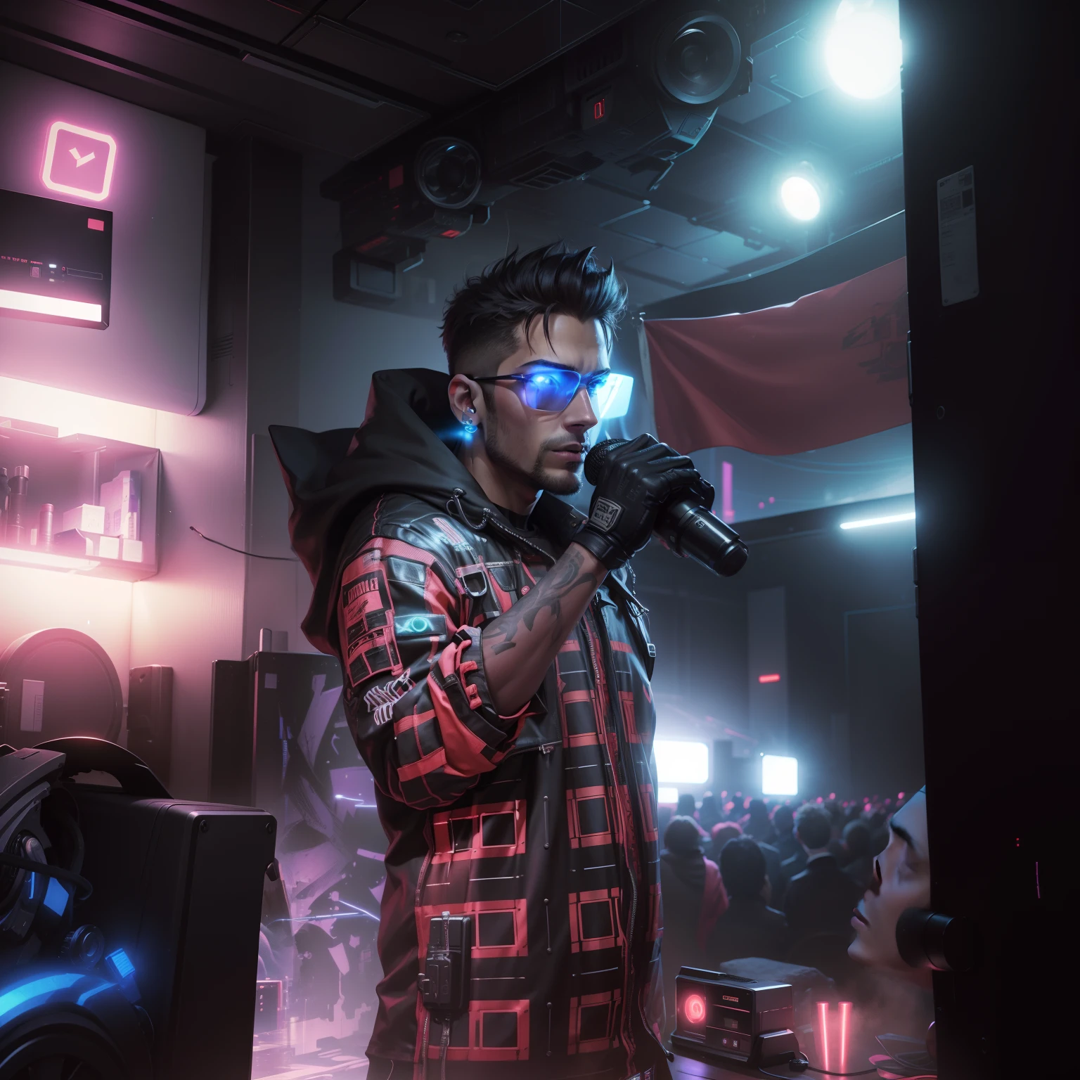 Handsome boy , cyberpunk , change backgroud as stage with lights , mic on hand , realistic face , 8k , ultra realistic