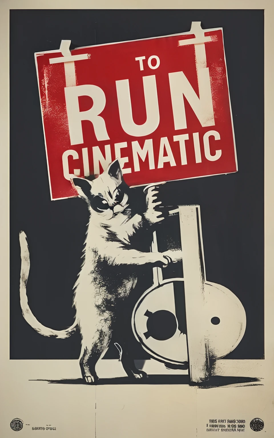 a poster of a cat holding a sign that says run cinematic, cinema poster, cinematic poster, film poster, **cinematic, cinematic. ”, cinematic!, cinematic!!, cinematic movie poster, very coherent. cinematic, kinematics", cinematic, cinematic, screen print poster, cinematic”, [ cinematic, very cinematic, vintage film poster, retro movie poster, poster illustration
