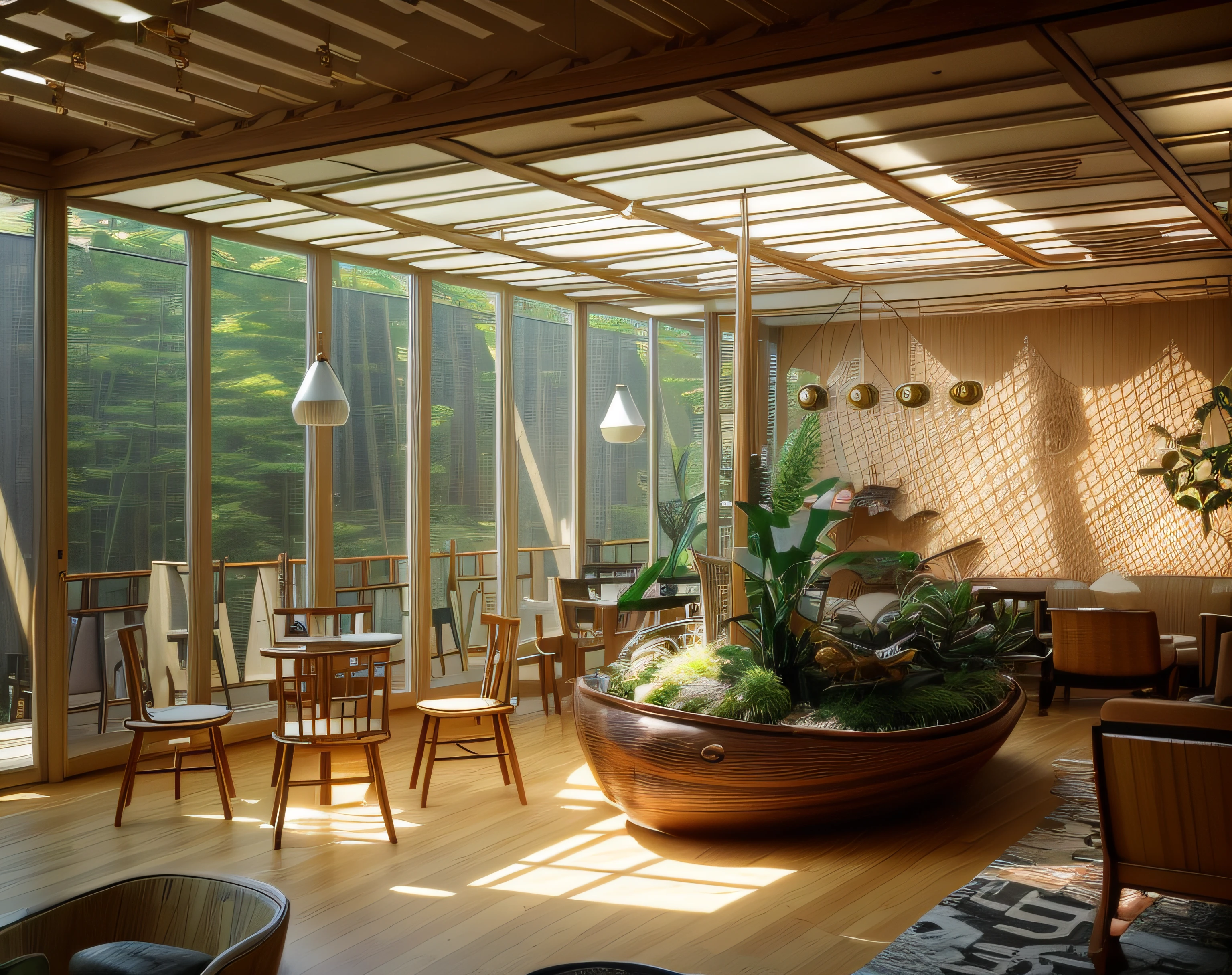 Interior design、Crazy detailed wide-angle building photos、cozy contemporary living room、(Bright warm sunshine 1:0.1)、award-winning contemporary interior design、Landscapes、DL、a chair、in a house、wooden floor、window、dining room、east asian east asian architecture、Sliding paper doors、lamp lights、buliding、the woods、naturey、Cups、A plant、Interior design、Insert lights and shadows、depth of fields、low illuminance