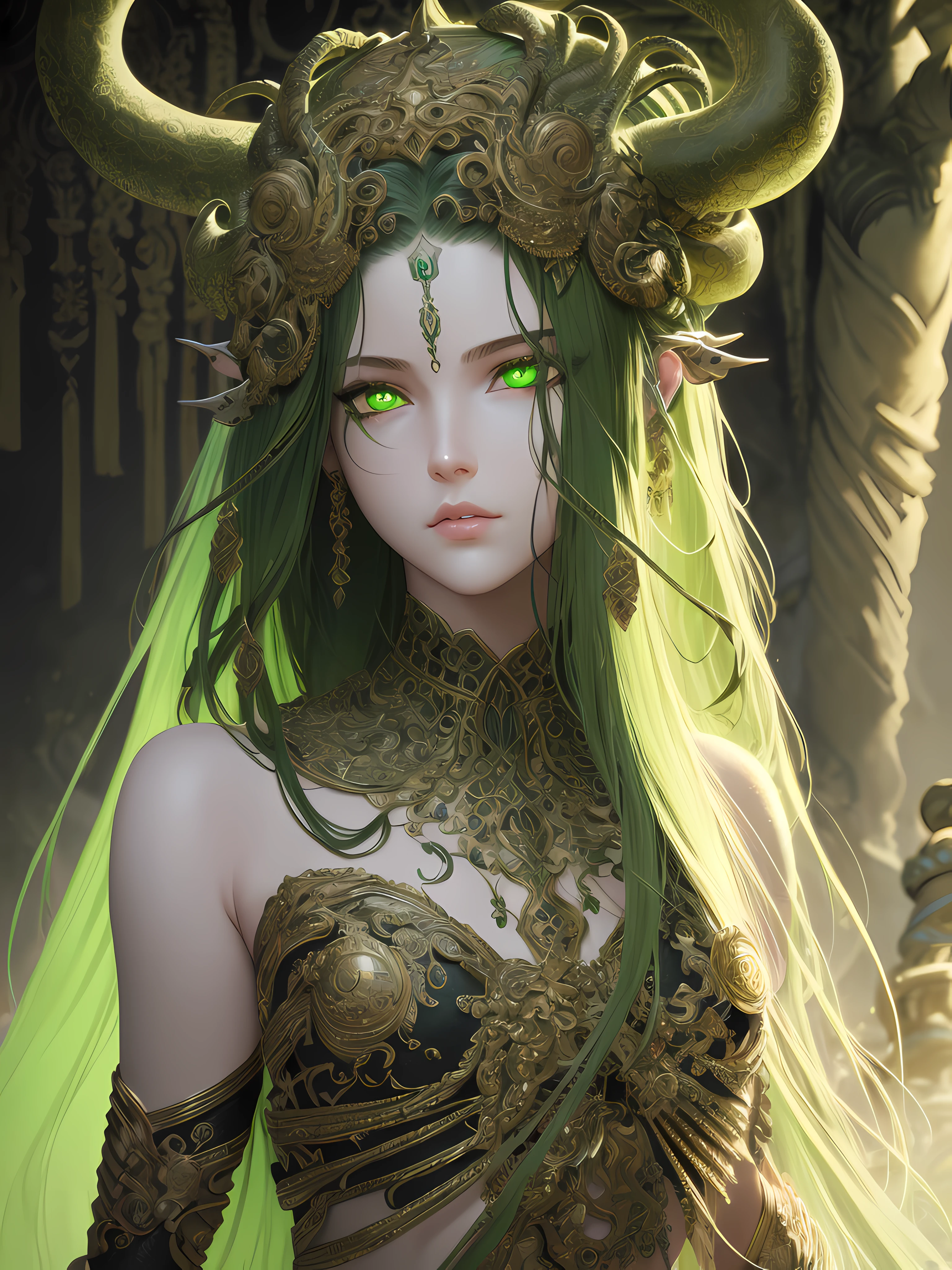 ((best quality)), ((masterpiece)), ((realistic)), Medusa, glowing green eyes, female face, , trending on artstation, sharp focus, studio photo, intricate details, very detailed, nsfw, detailed eyes, illustration, very detailed, sharp focus, digital render, professional, 4k