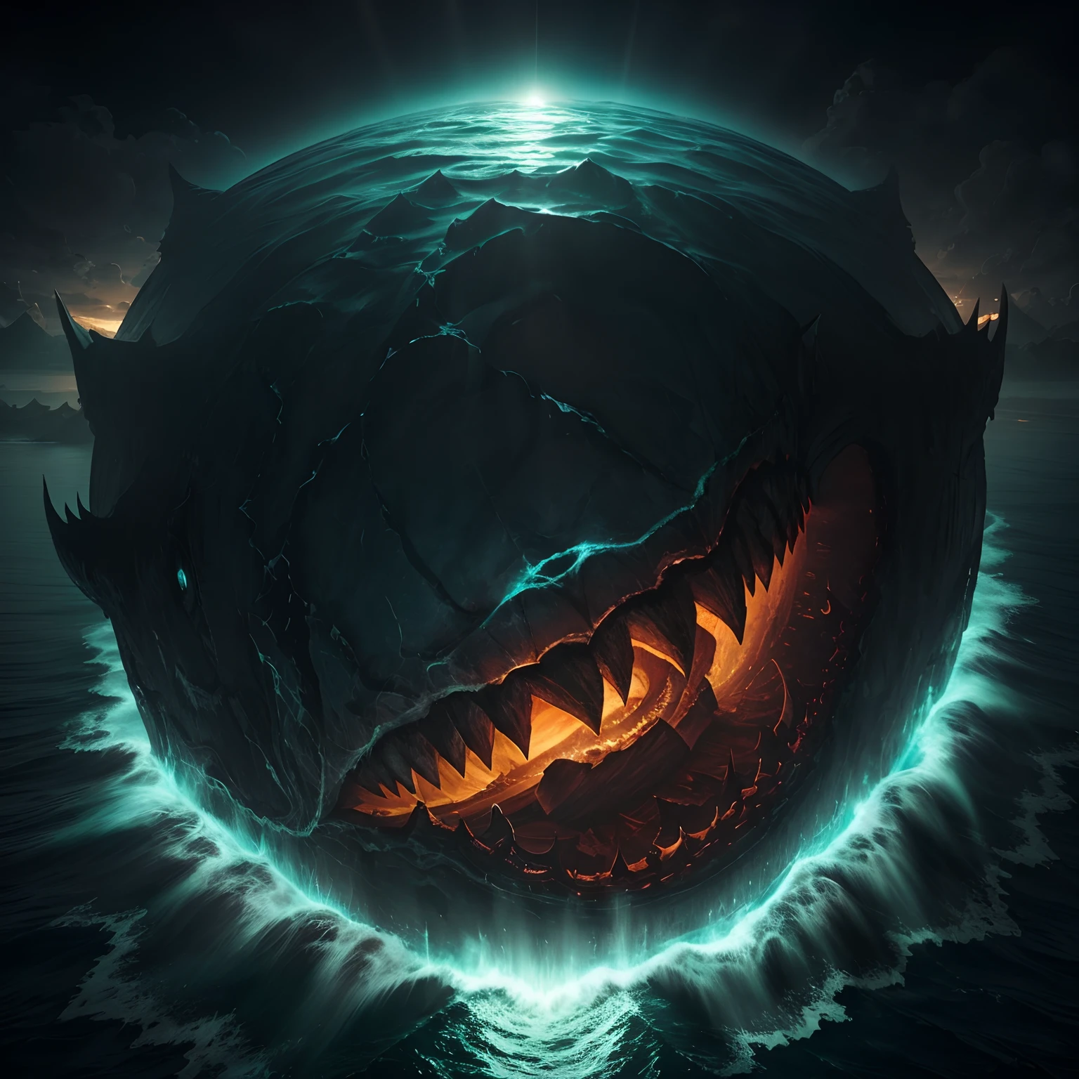 from above, super high image, super detail, super high resolution, a very scary huge monster that rises from the sea professional lighting