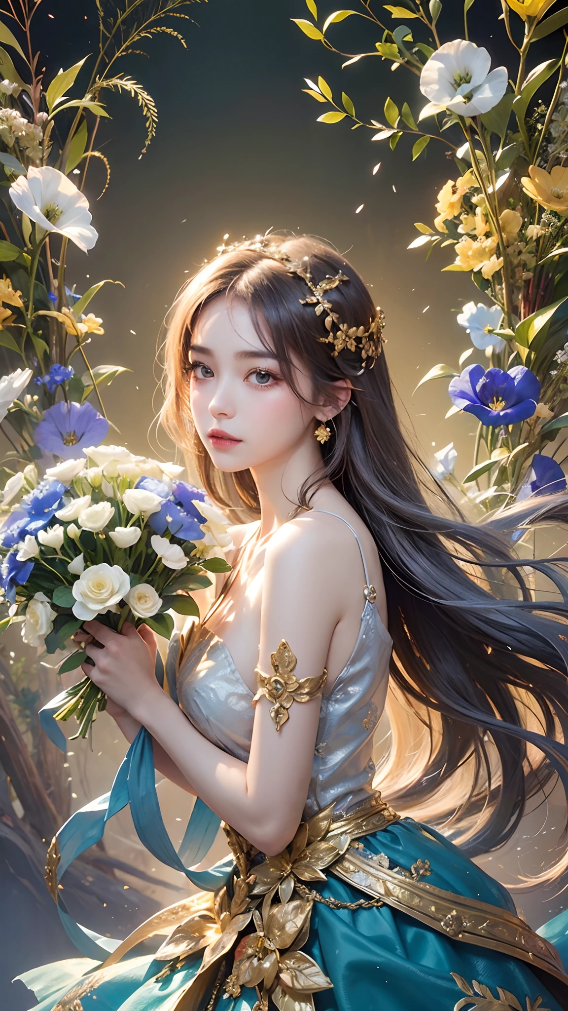 A woman in a blue dress holding flowers and a bouquet - SeaArt AI