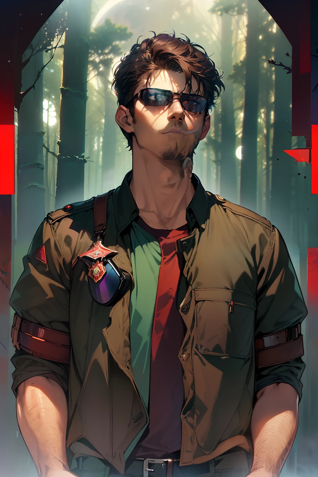 young boy,(((dark brown hair, short hair, curly hair))), (((dark brown eyes, aviator glasses, dark blue glasses))), (pilot uniform, dark blue uniform color),( tones of dark blue, purple and details in red),(((forest background, night, cold forest, giant greenish moon))) realistic face