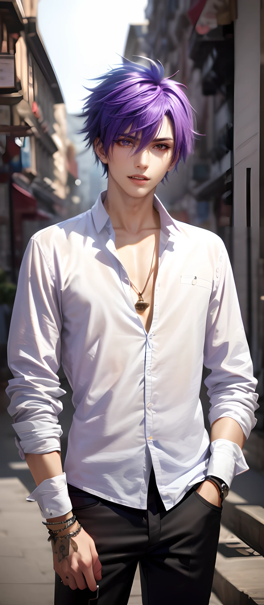 masterpiece, top-quality, 2Others, Male couple, 1 man and 1,, Adults, Height difference, different fashion, different color, finely eye and detailed face, intricate detailes, Naked, Casual clothing, white backgrounid, A smile, Happiness, tenderness, queers, Boys Love, high-level image quality、 selfee, Two beautiful men、tall、The upper part of the body、nightfall、nighttime scene、𝓡𝓸𝓶𝓪𝓷𝓽𝓲𝓬、Korean Male, Idol Photos, Model photo, k pop, Professional Photos, Vampires, Korean fashion with black pants and white Y-shirt, Fedoman with necklace, inspired by Sim Sa-jeong, androgynous vampire, :9 detailed face: 8, extra detailed face, detailed punk hair, ((eyes are brown)) baggy eyes, Seductive. Highly detailed, semi realistic anime, Vampires, hyperrealistic teen, delicate androgynous prince, imvu, short hair above the ears, Man with short hair, With a purple-haired man with a wild expression, Man with light blue hair with gentle expression, ((With a short-haired man with bright purple hair)), ((Man with light blue hair)), Take off your shirt and pose