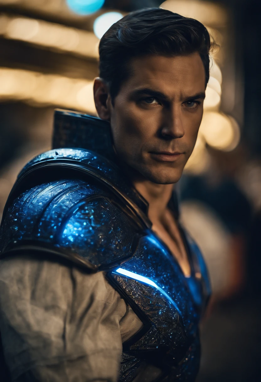 Create a mascular Hi-Tech armour cyber punk style, superman wearing transparent shining glowing blue Hi-Tech armour, armour glowing blue, transparent cosmic glowing look, Hi-Tech superman armour