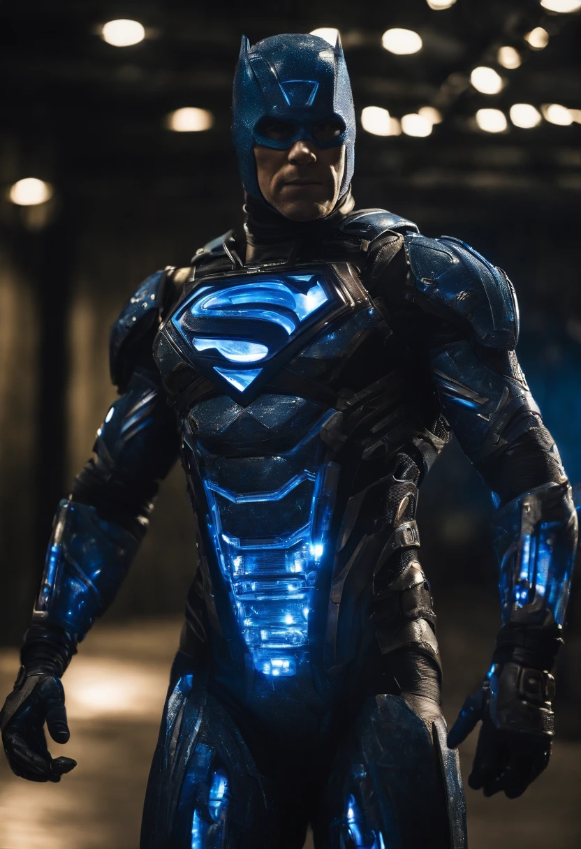 Create a mascular Hi-Tech armour cyber punk style, superman wearing transparent shining glowing blue Hi-Tech armour, armour glowing blue, transparent cosmic glowing look, Hi-Tech superman armour