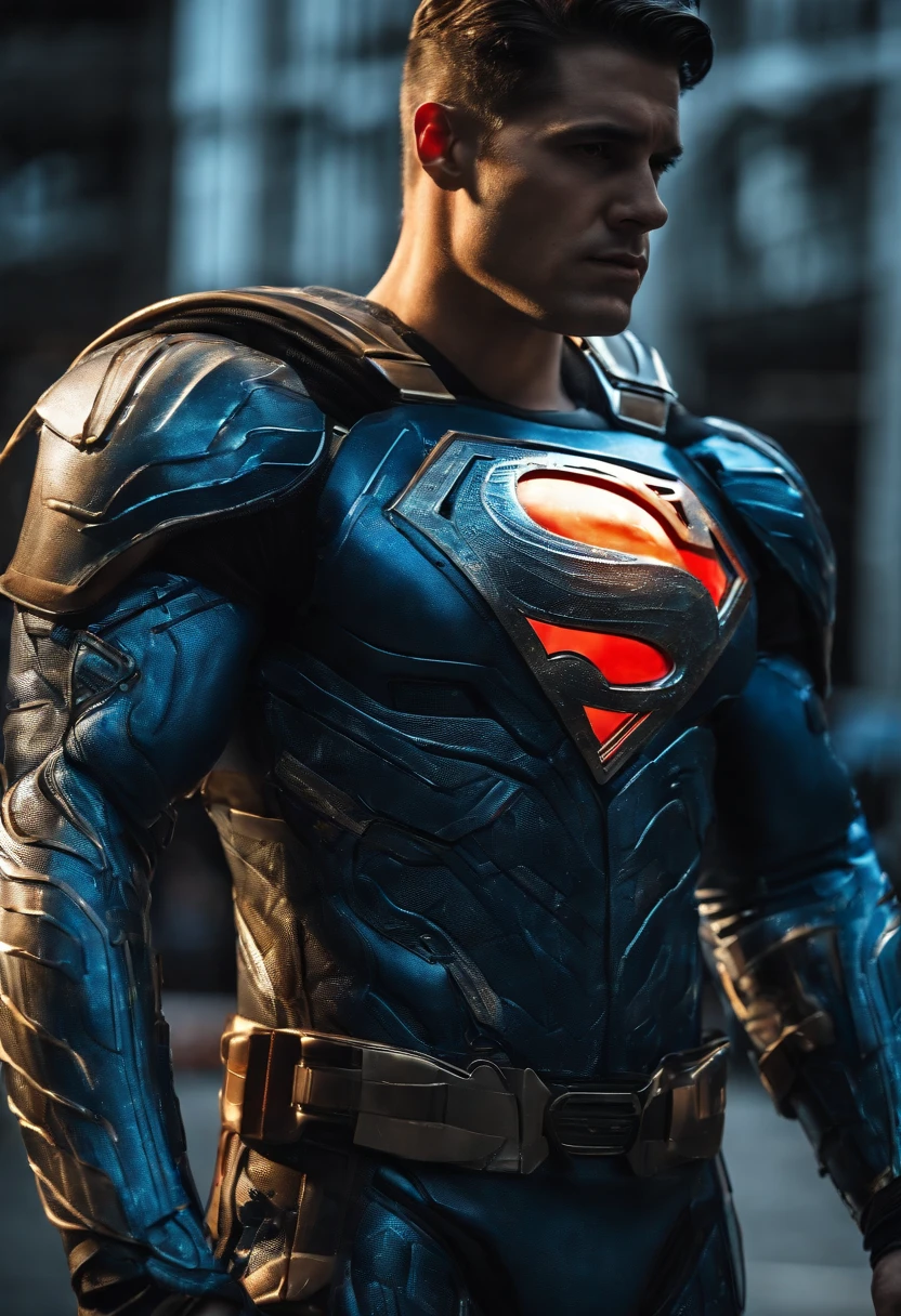 Create a mascular Hi-Tech armour cyber punk style, superman wearing transparent shining glowing blue Hi-Tech armour, armour glowing blue, transparent cosmic glowing look, Hi-Tech superman armour