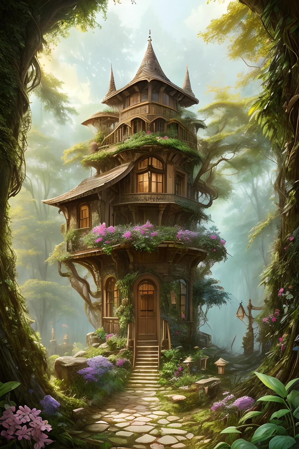 Full body portrait of a noble goddess over the city,mirage,god light,tack sharp focus,the elf,Elven architecture,Elven City,Huge tree house,Royal City,Amazing scenery,scenecy,The landscape,Rained,dark fantacy,suspense