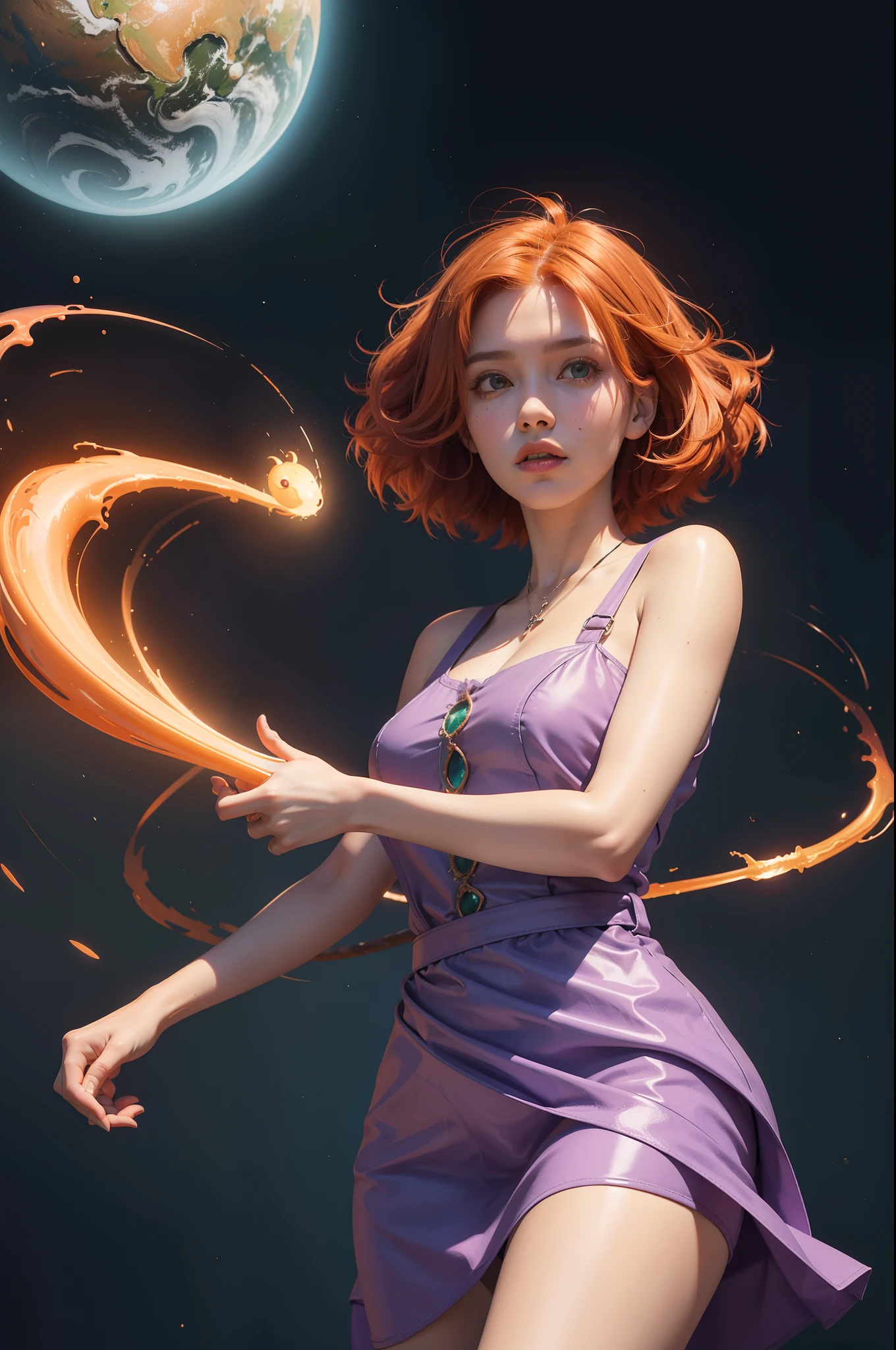 concept art, overhead angle of a Will-o'-the-wisp, wearing Funny Somali Emerald deep orange Pinafore, Caramel hair styled as Short hair, fluorescent purple Hair tie, equirectangular 360, Highres,  [(art by Willi Baumeister:1.1), (art by John T. Biggers:1.2)::17], official art, unity 8k wallpaper, ultra detailed, aesthetic, masterpiece, best quality, photorealistic