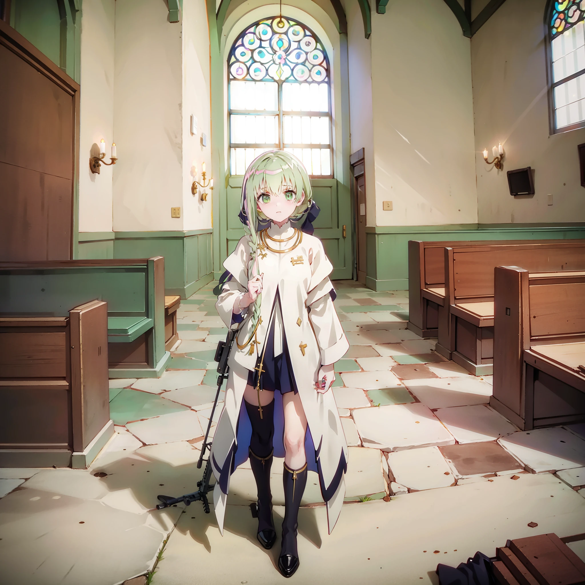 Holding a sniper gun in the middle of the church alone.