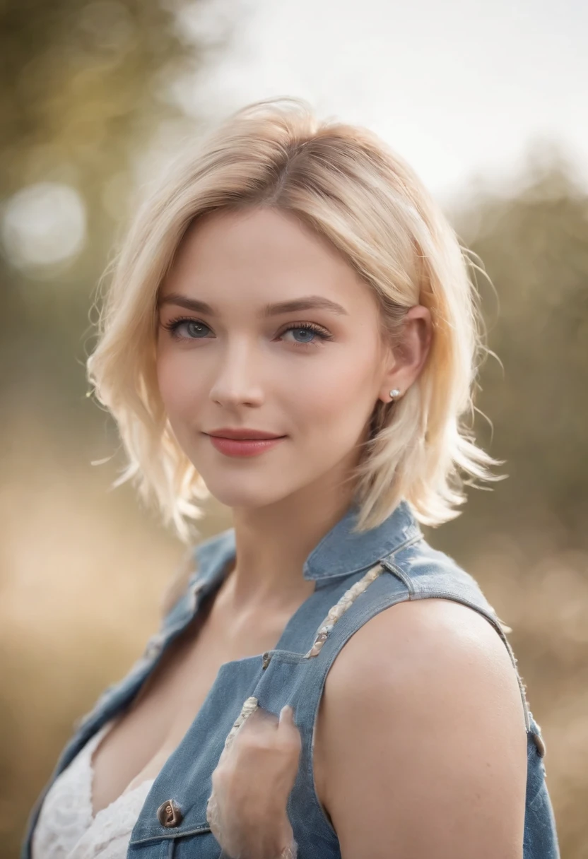 1girl, 独奏, android 18, blonde hair, blue eyes, Short hair, Jewelry, earings, Smile, jacket, looking at the side, denim, denim jacket, upper-body, Erotic lingerie, closed mouth, Cloud, skye, Day, looking at the side, blue skies, 鎖骨,