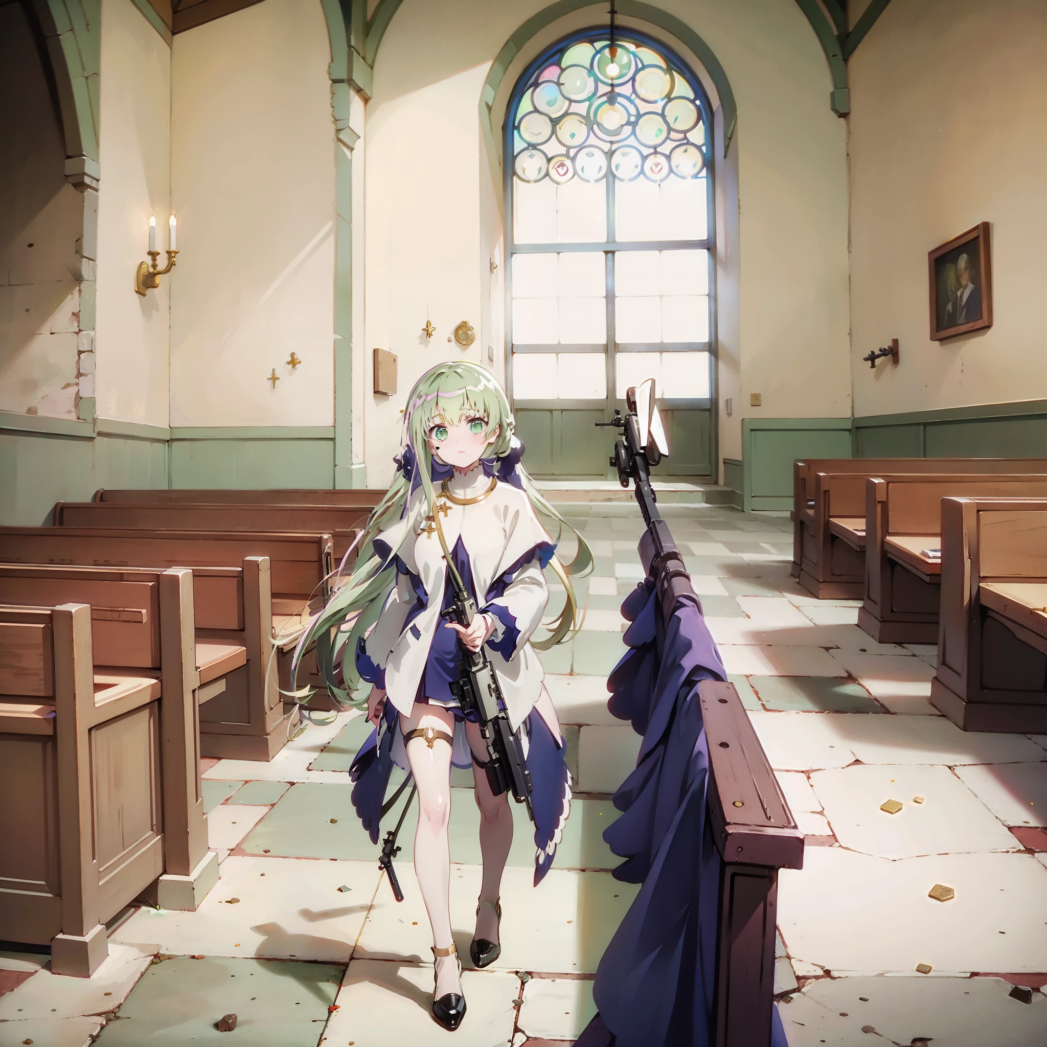 Holding a sniper gun in the middle of the church alone.