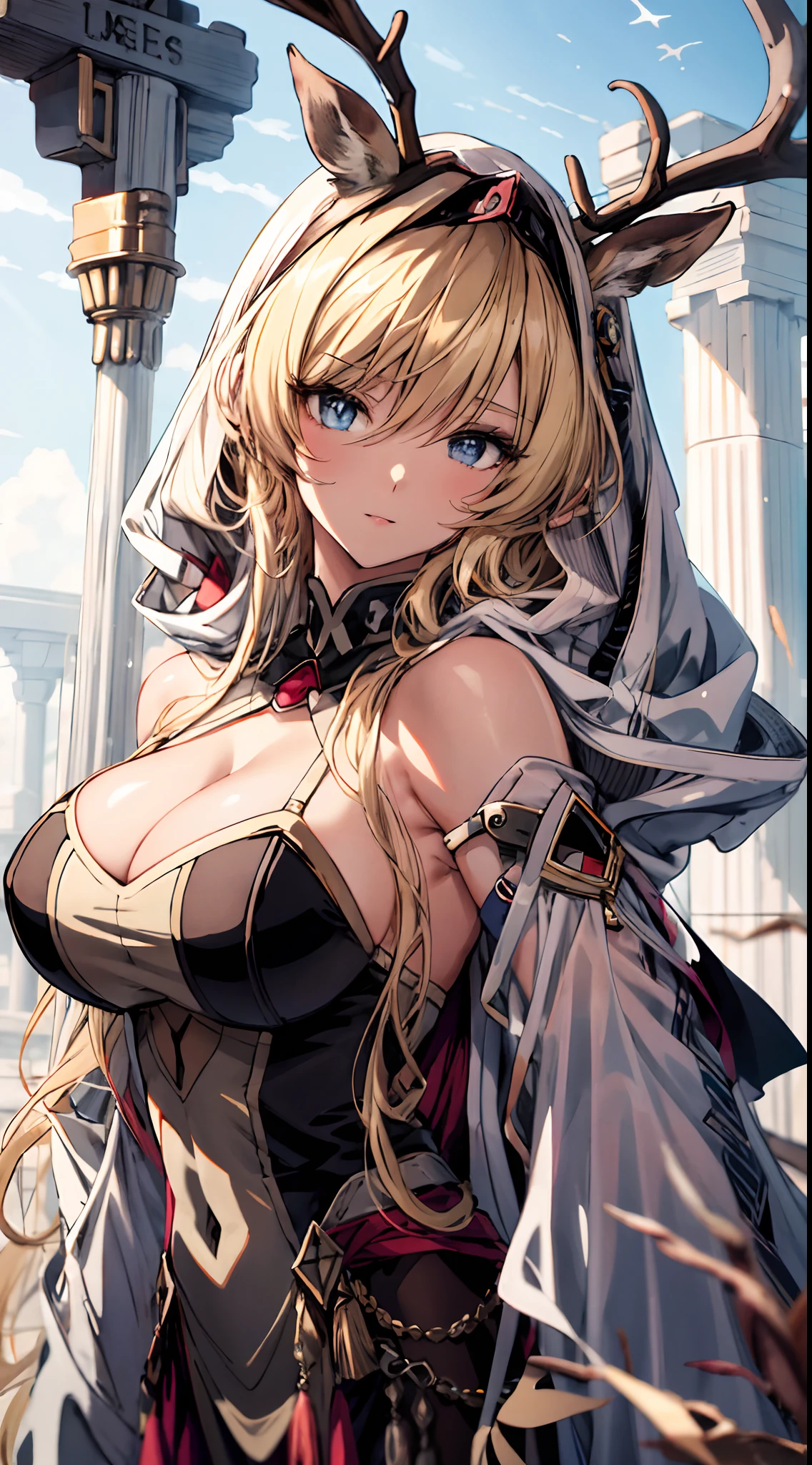 Masterpiece, Best quality, {Best quality}, {{Masterpiece}}, {A high resolution}, Focus, Anime style, Cartoon close-up of a woman, Girl design, Gisha, Anime image, Long hair, Golden hair, Straight eyes, Cover deer ears, Polished and powerful appearance, Exotic, cheerful big breasts, Classic costumes, Colorful, colours