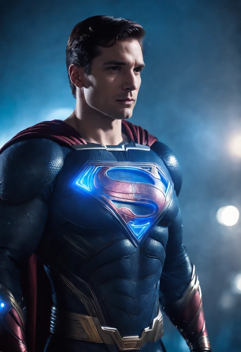 Create a mascular Hi-Tech armour cyber punk style, superman wearing transparent shining glowing blue Hi-Tech armour, armour glowing blue, transparent cosmic glowing look, Hi-Tech superman armour
