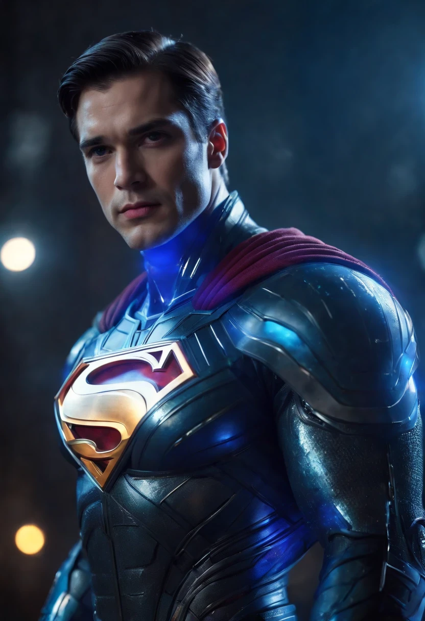 Create a mascular Hi-Tech armour cyber punk style, superman wearing transparent shining glowing blue Hi-Tech armour, armour glowing blue, transparent cosmic glowing look, Hi-Tech superman armour