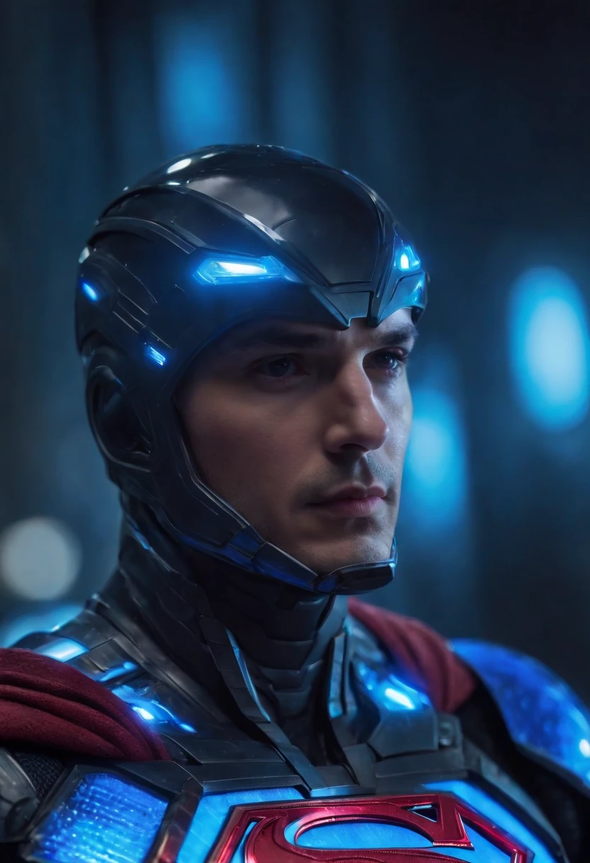 Create a mascular Hi-Tech armour cyber punk style, superman wearing transparent shining glowing blue Hi-Tech armour, armour glowing blue, transparent cosmic glowing look, Hi-Tech superman armour
